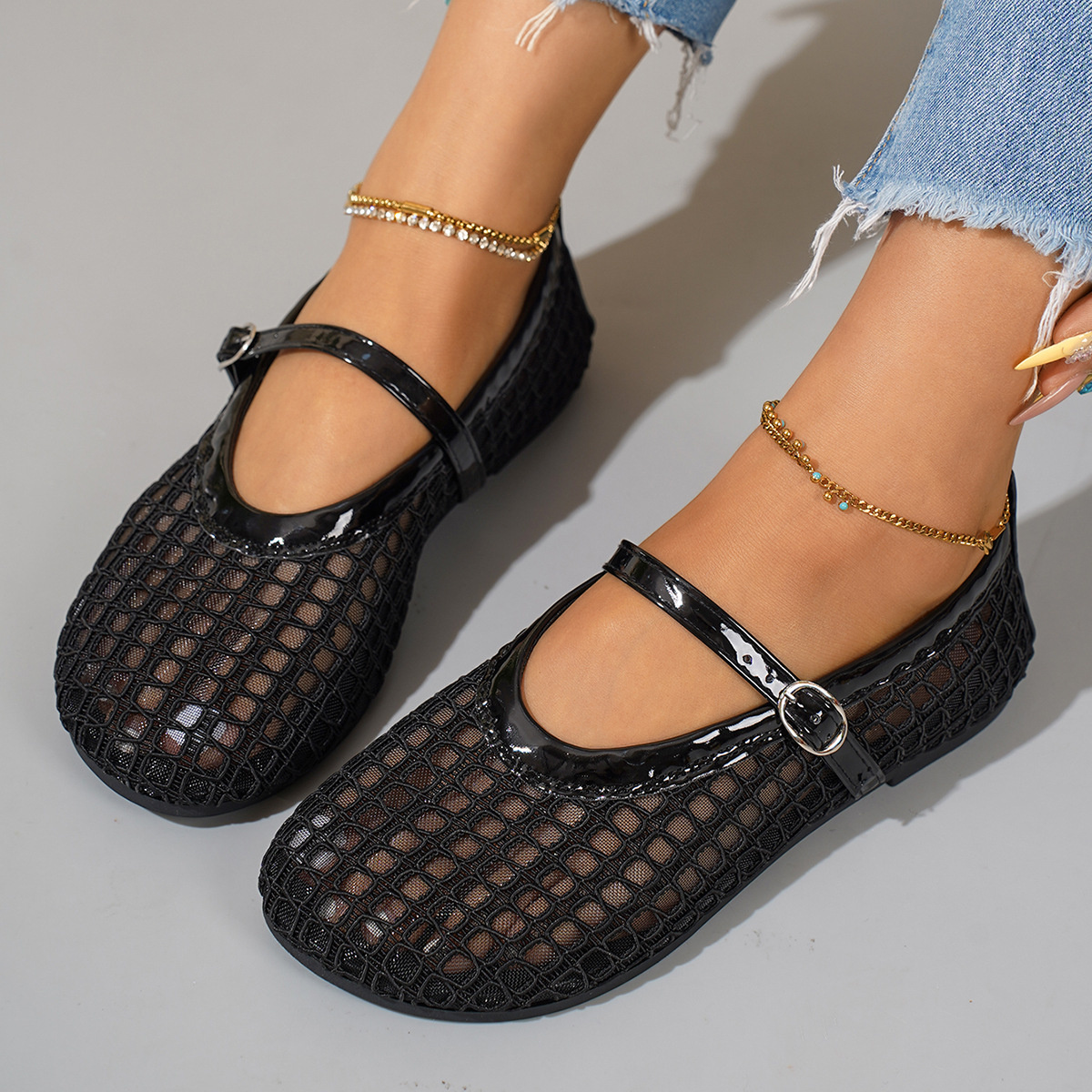 Woven Mesh Mary Jane Sandals with Buckle Strap