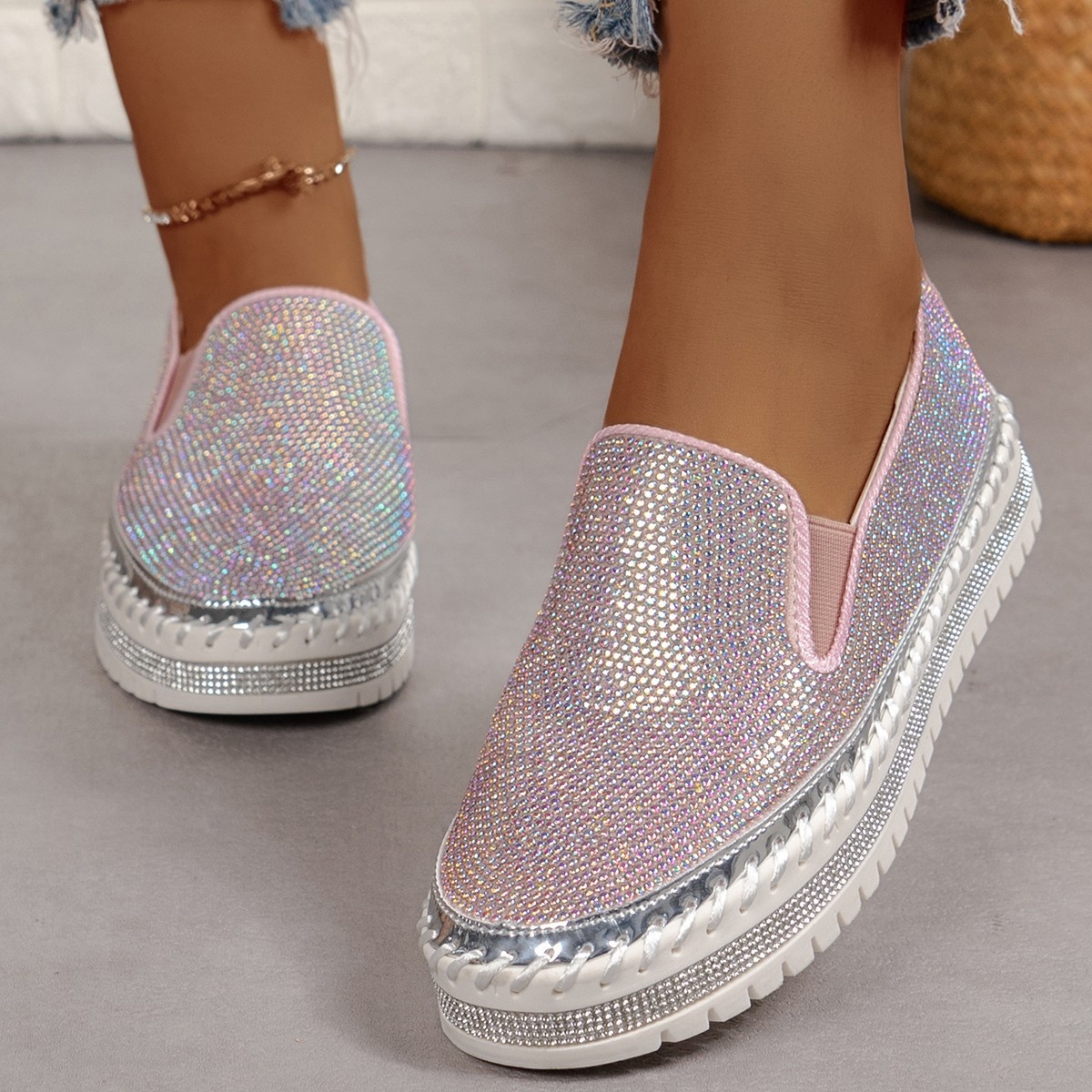 Rhinestone Round Toe Platform Loafers