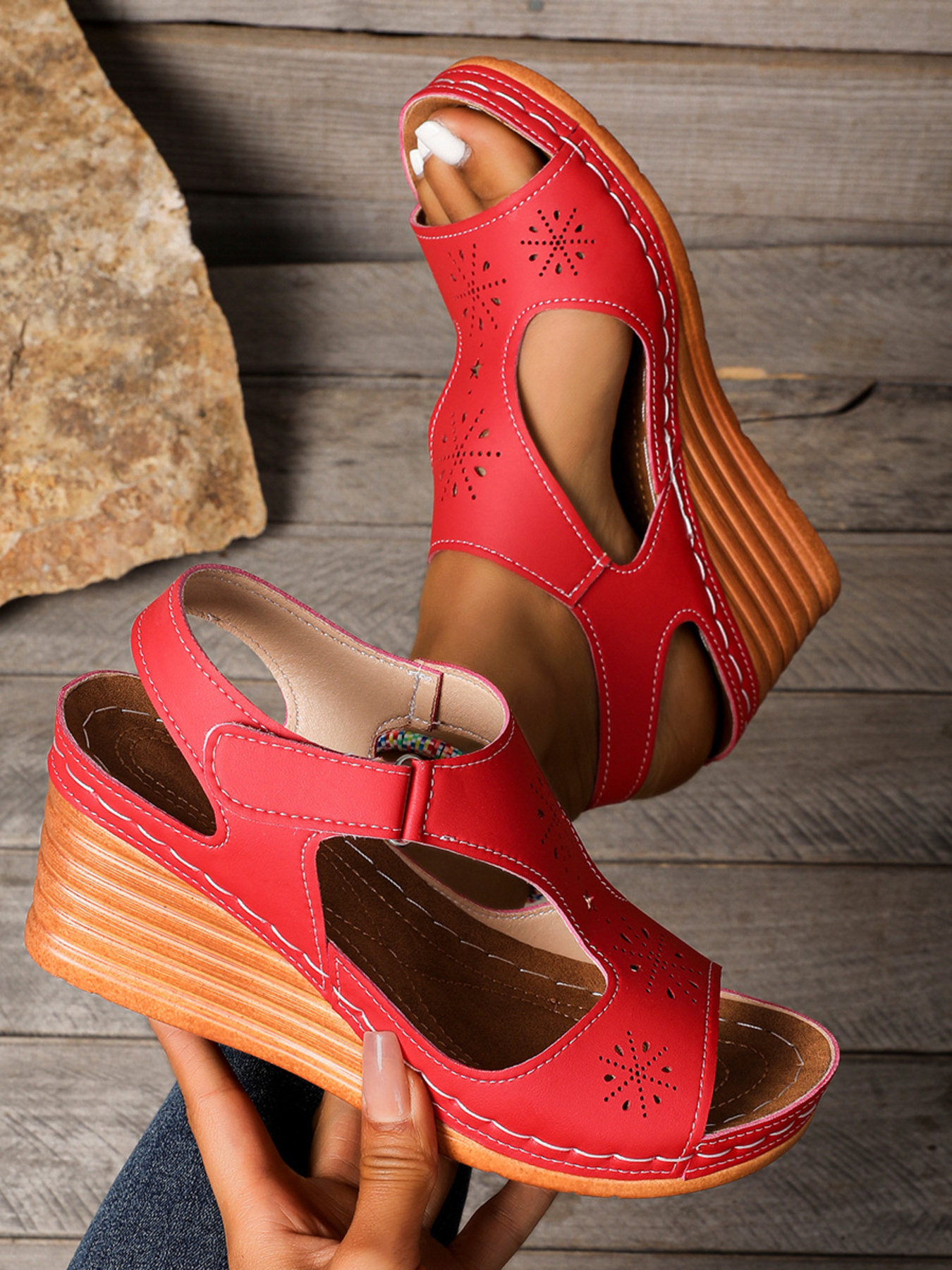 Perforated Wedge Sandals with Ankle Strap