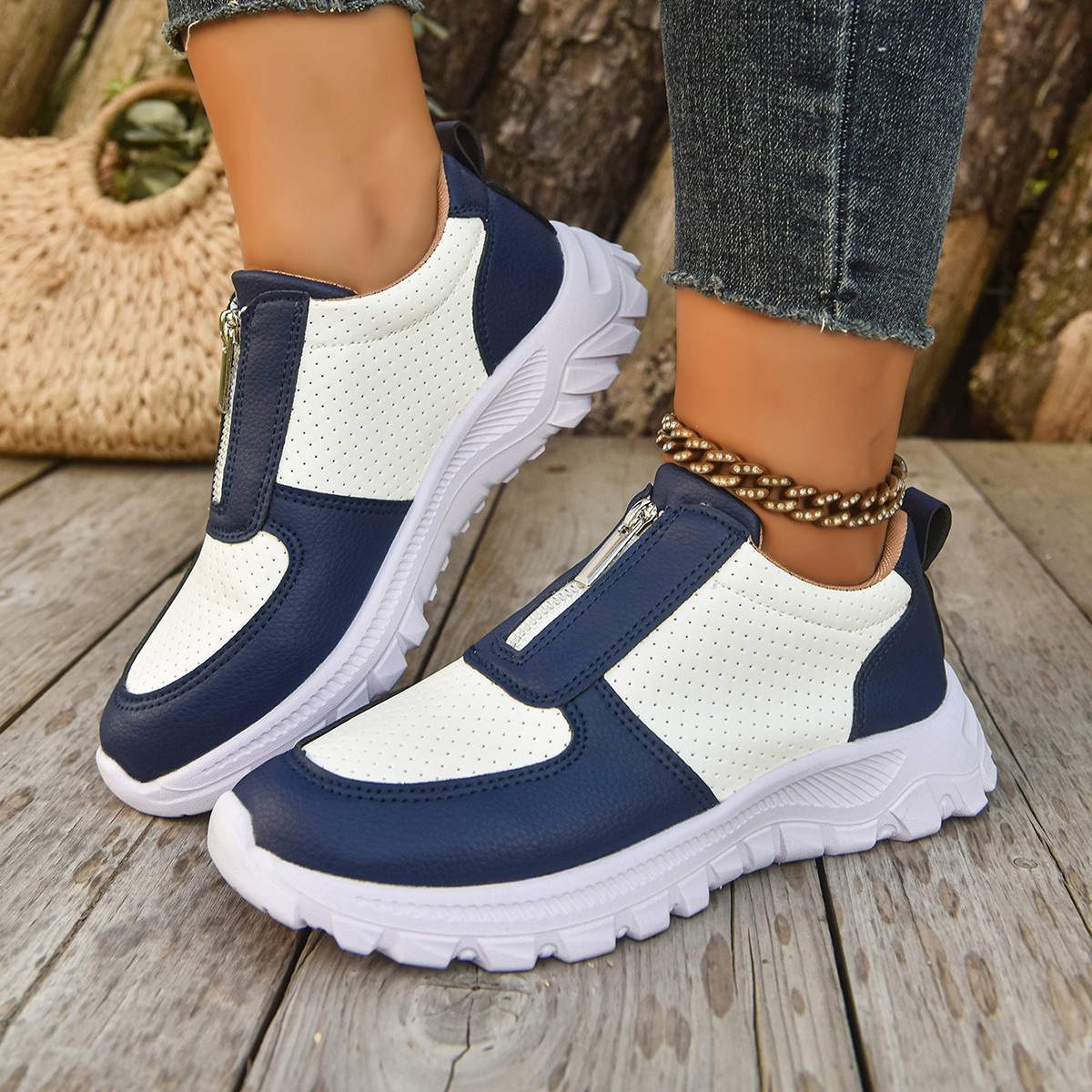Contrast Breathable Zip Sneakers