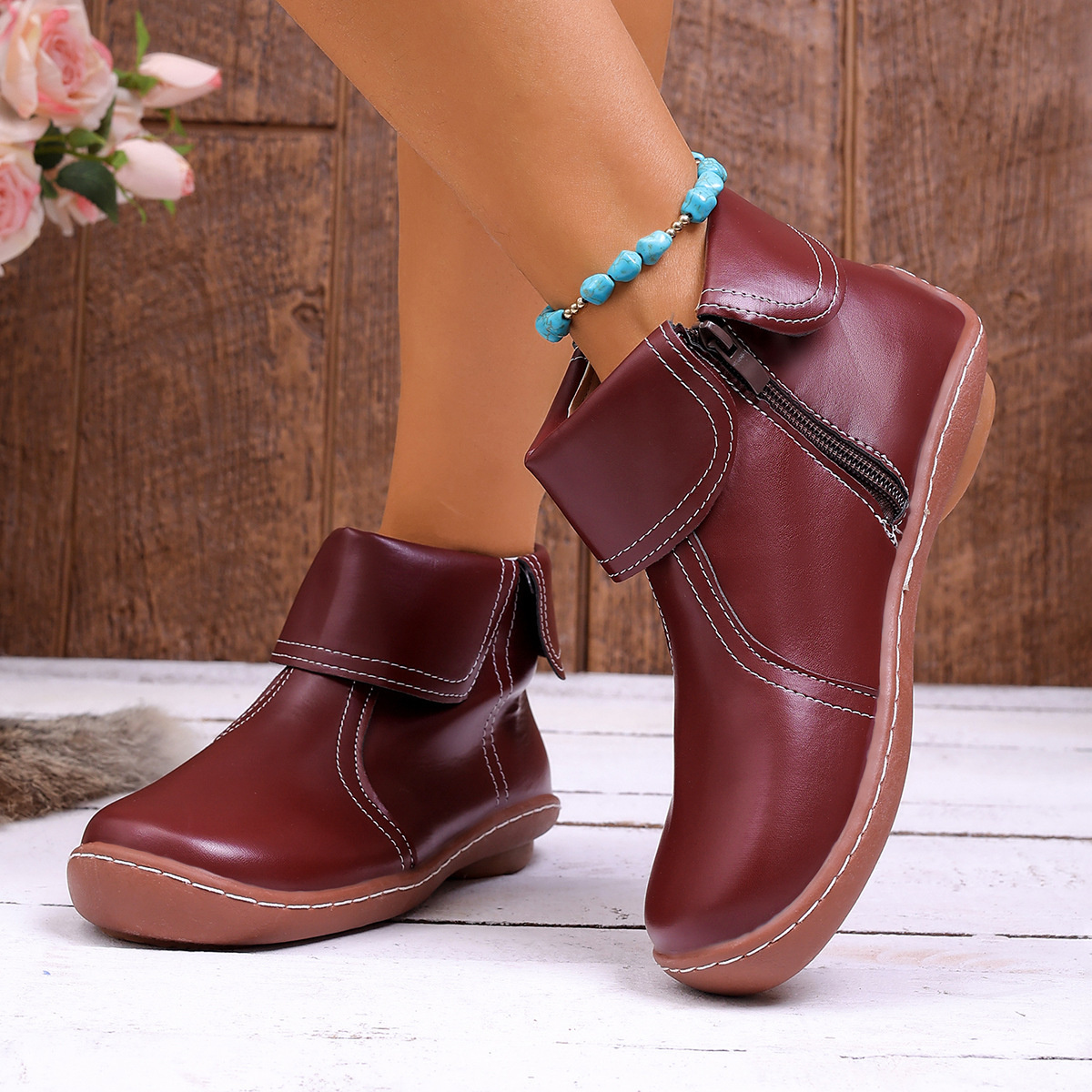 Round Toe Side Zipper Boots