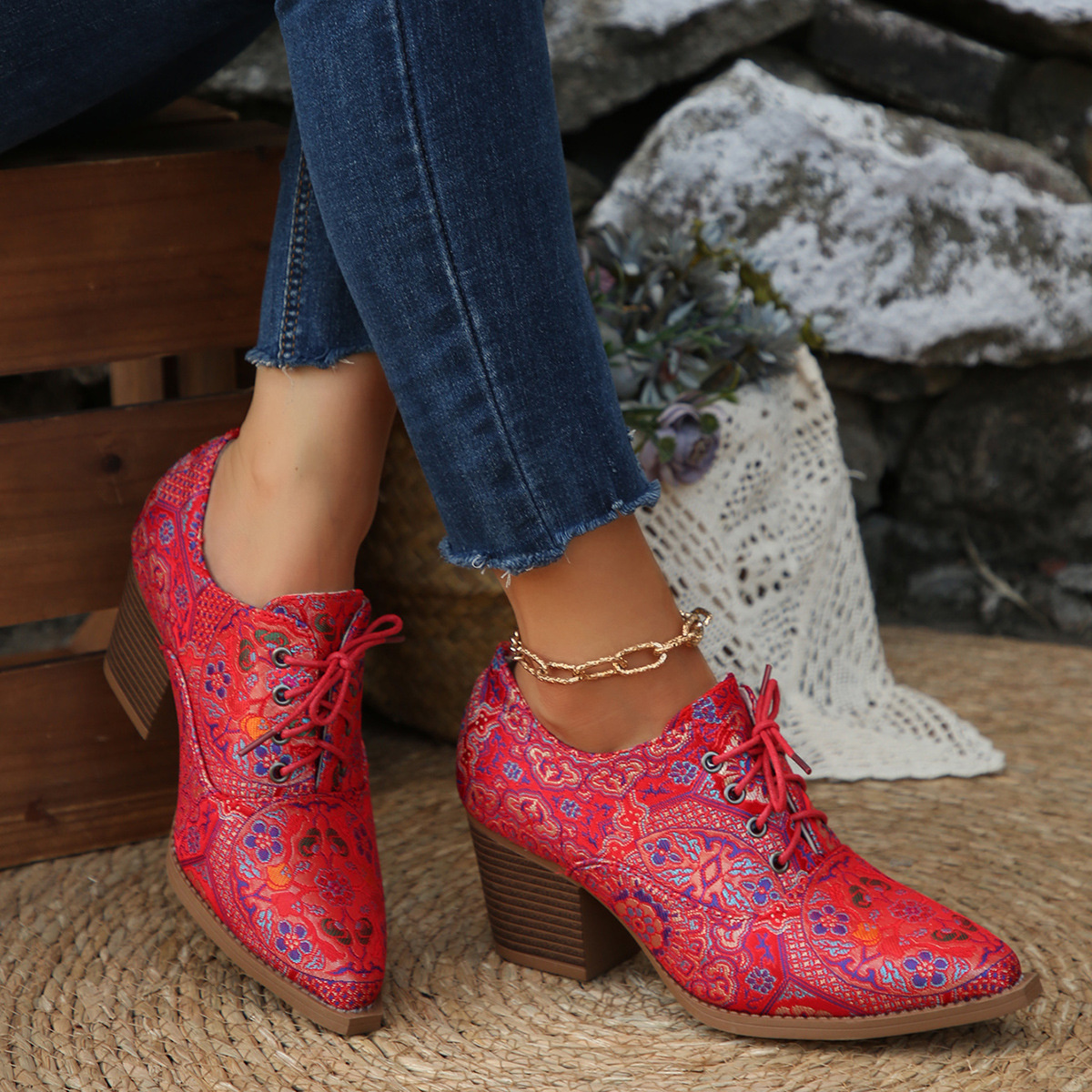 Point Toe Block Heels Ankle Boots