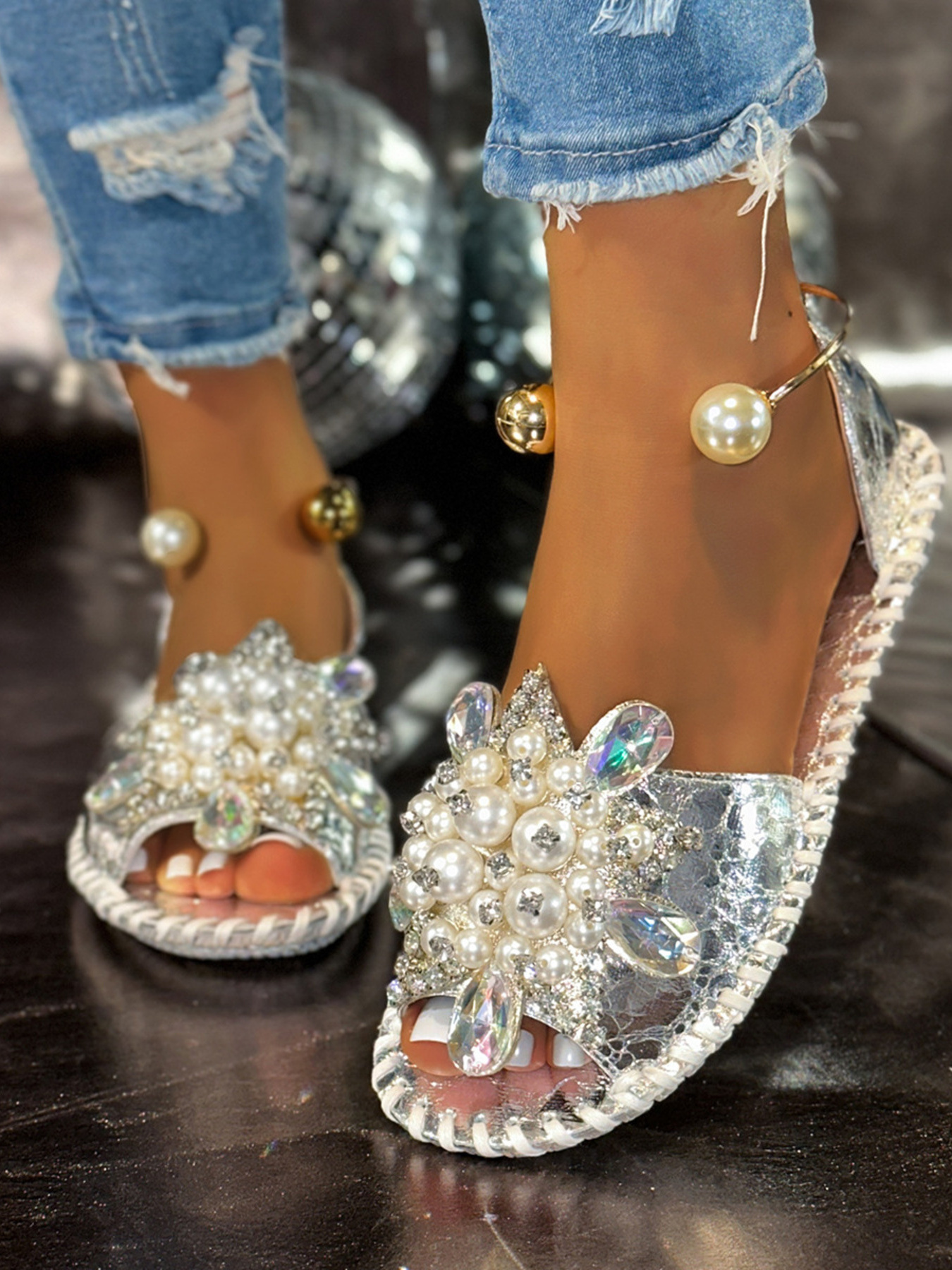 Pearl Crystal Embellished Flat Sandals