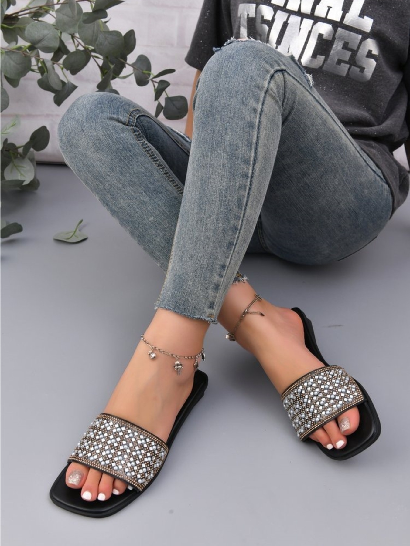 Rhinestone Embellished Open Toe Slide Sandals