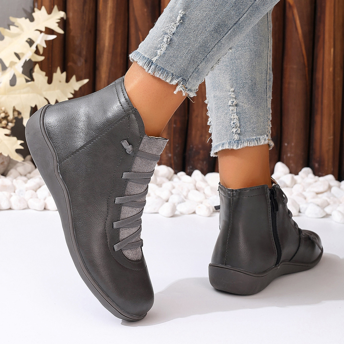 Lace-Up Faux Leather Ankle Boots