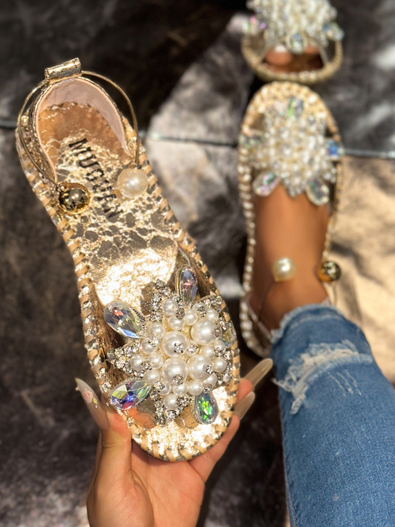 Pearl Embellished Flat Sandals