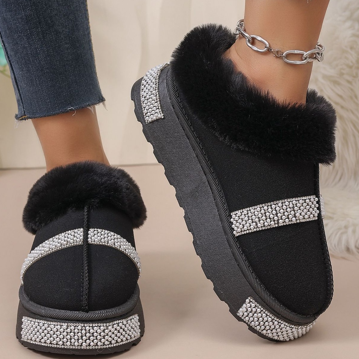 Rhinestone Embellished Faux Fur Lined Platform Boots