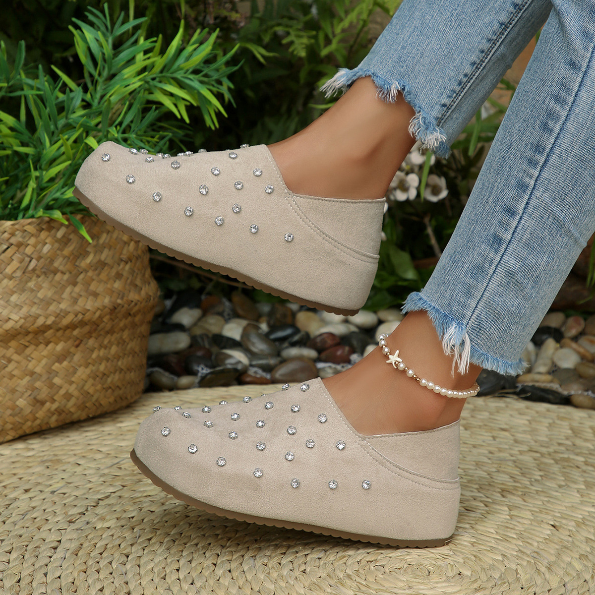 Rhinestone Round Toe Slip-Ons