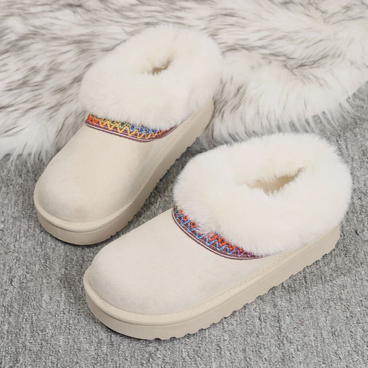 Fur-Lined Platform Boots with Decorative Woven Strap