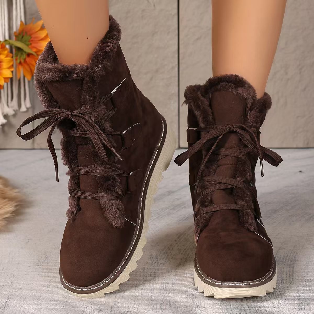 Fuzzy Trim Lace-Up Boots