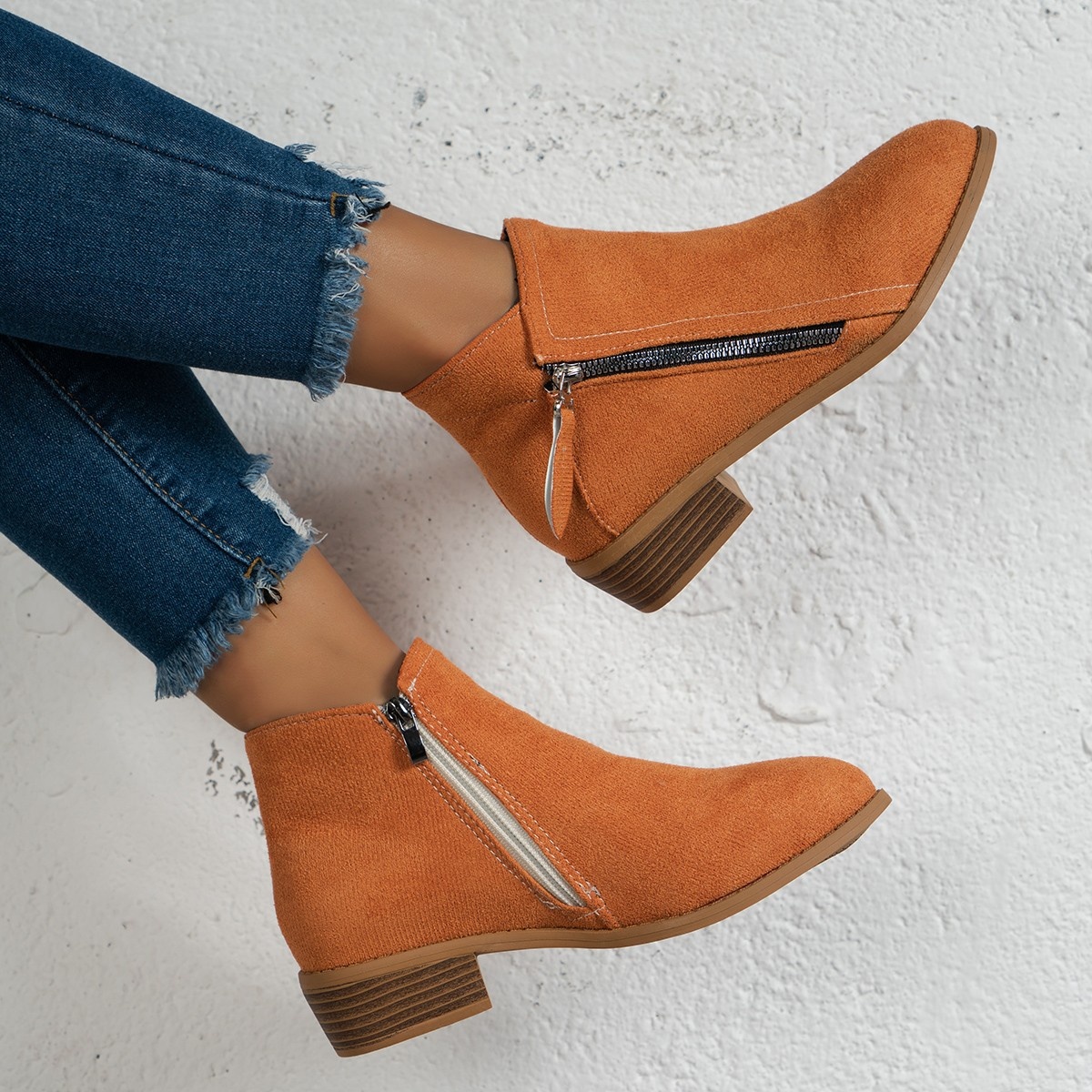 Side Zip Ankle Boots with Block Heel