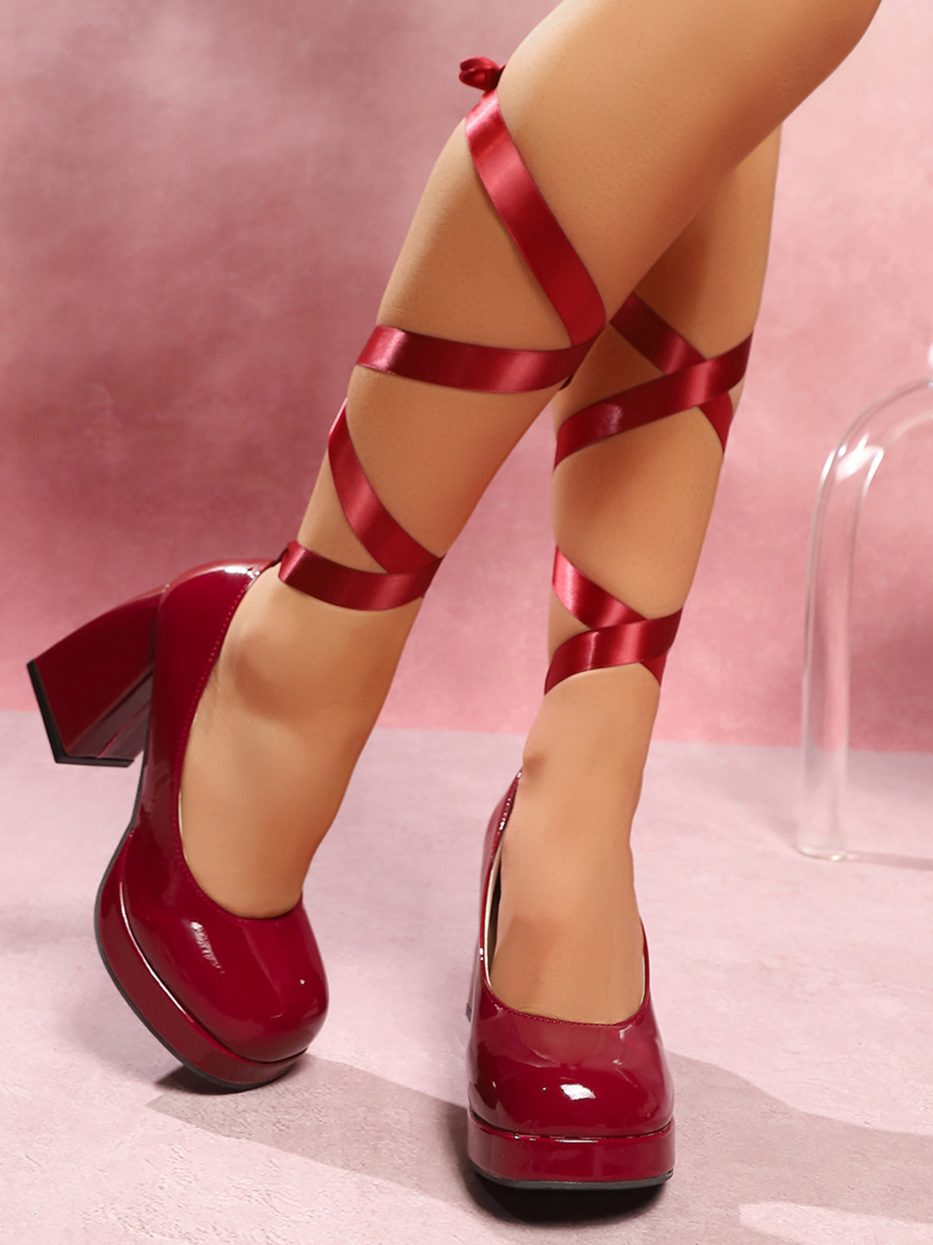 Platform Block Heel Pumps with Ankle Wrap Straps