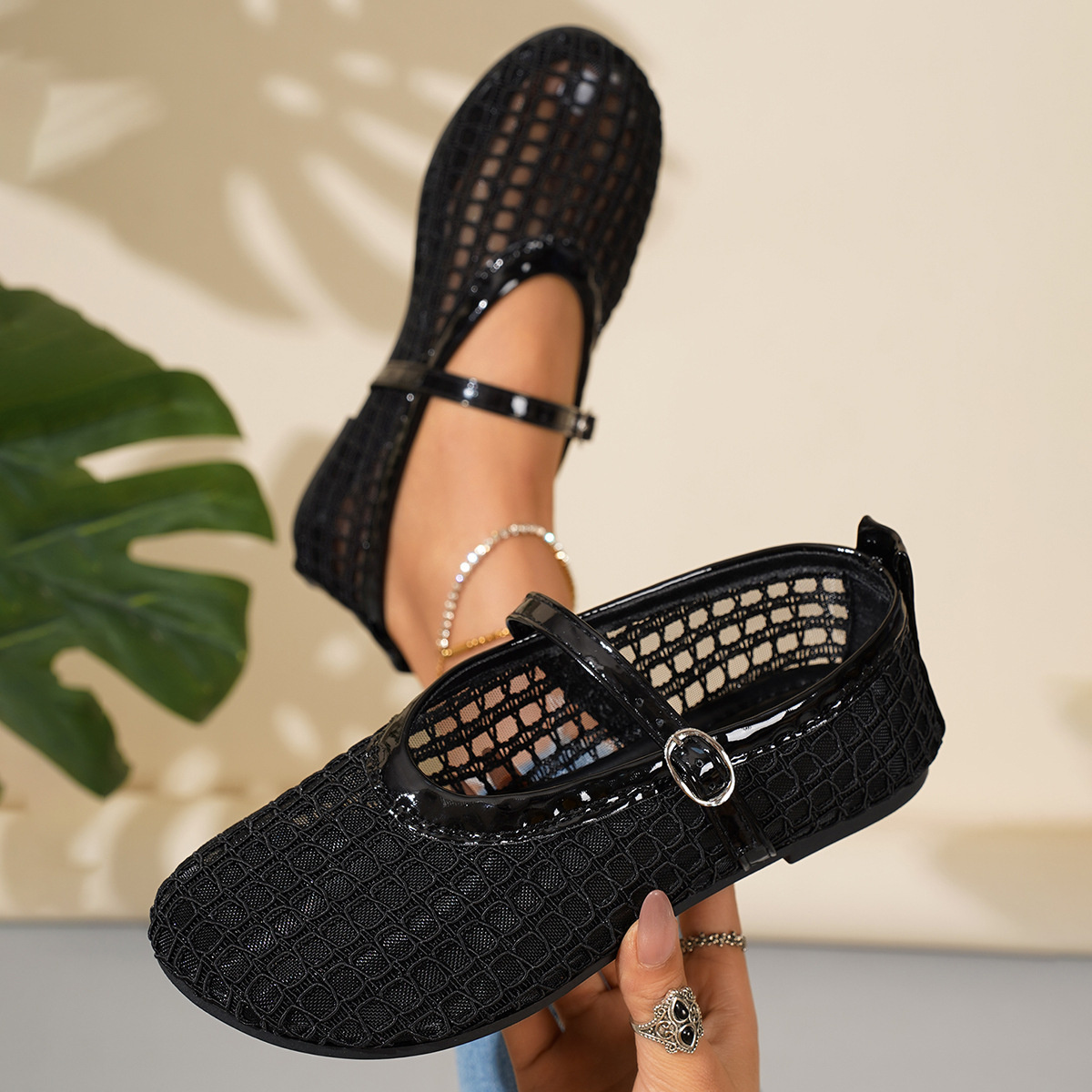 Woven Mesh Mary Jane Sandals with Buckle Strap
