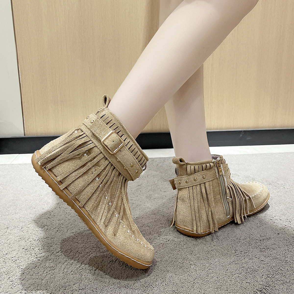 Fringe Round Toe Flats Boots