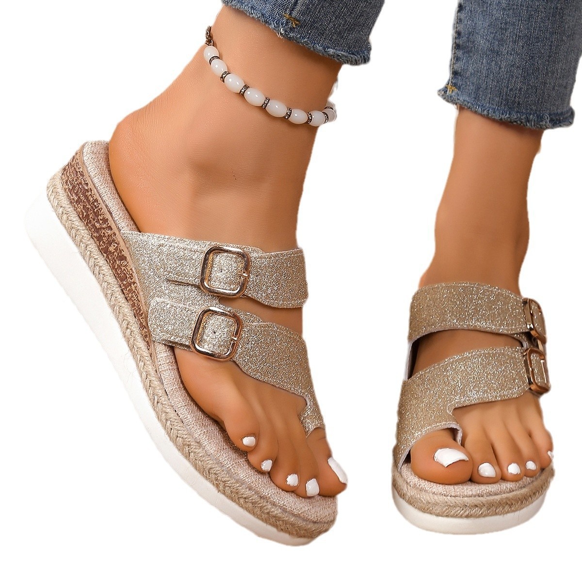 Double Buckle Wedge Sandals
