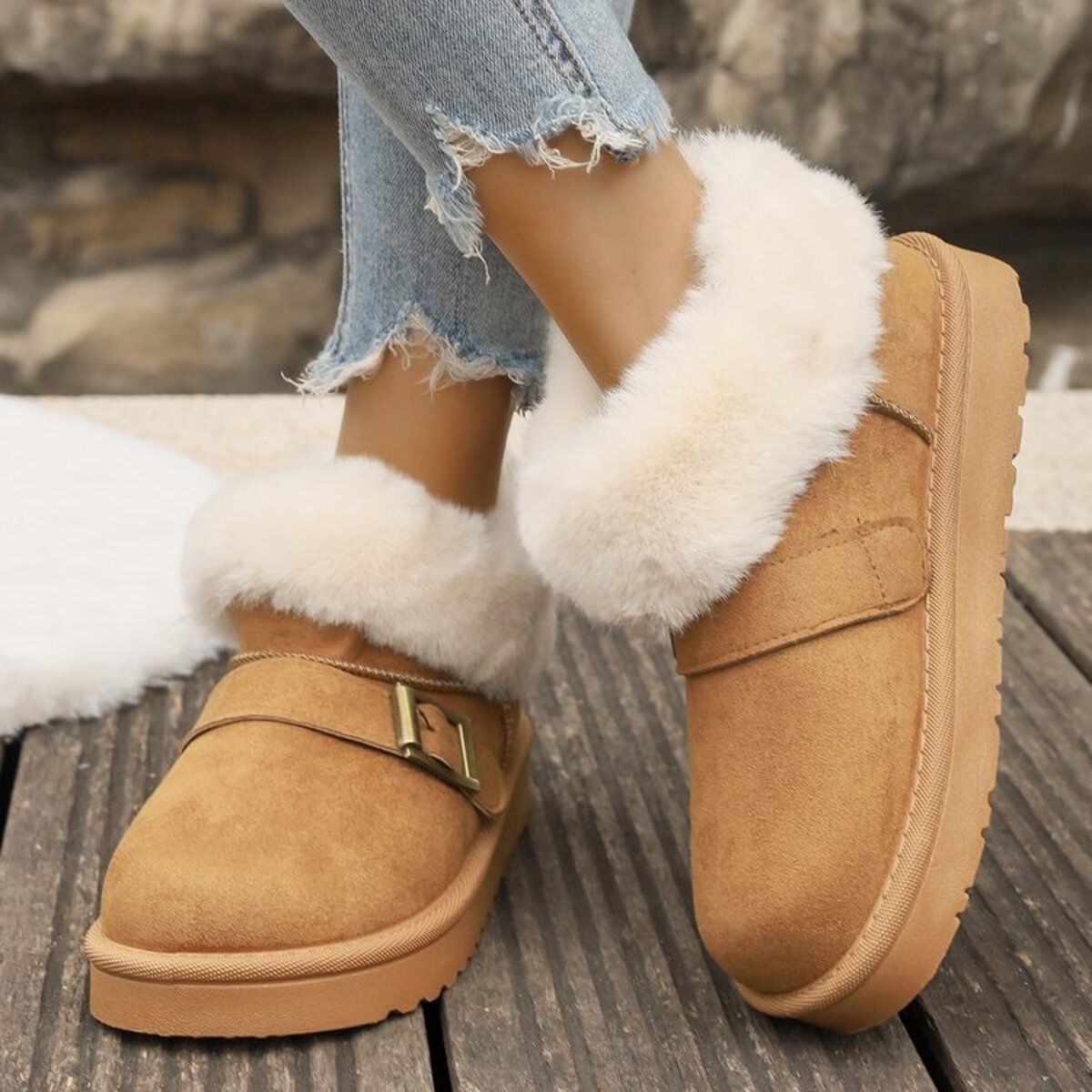 Fuzzy Trim Buckle Accent Winter Boots