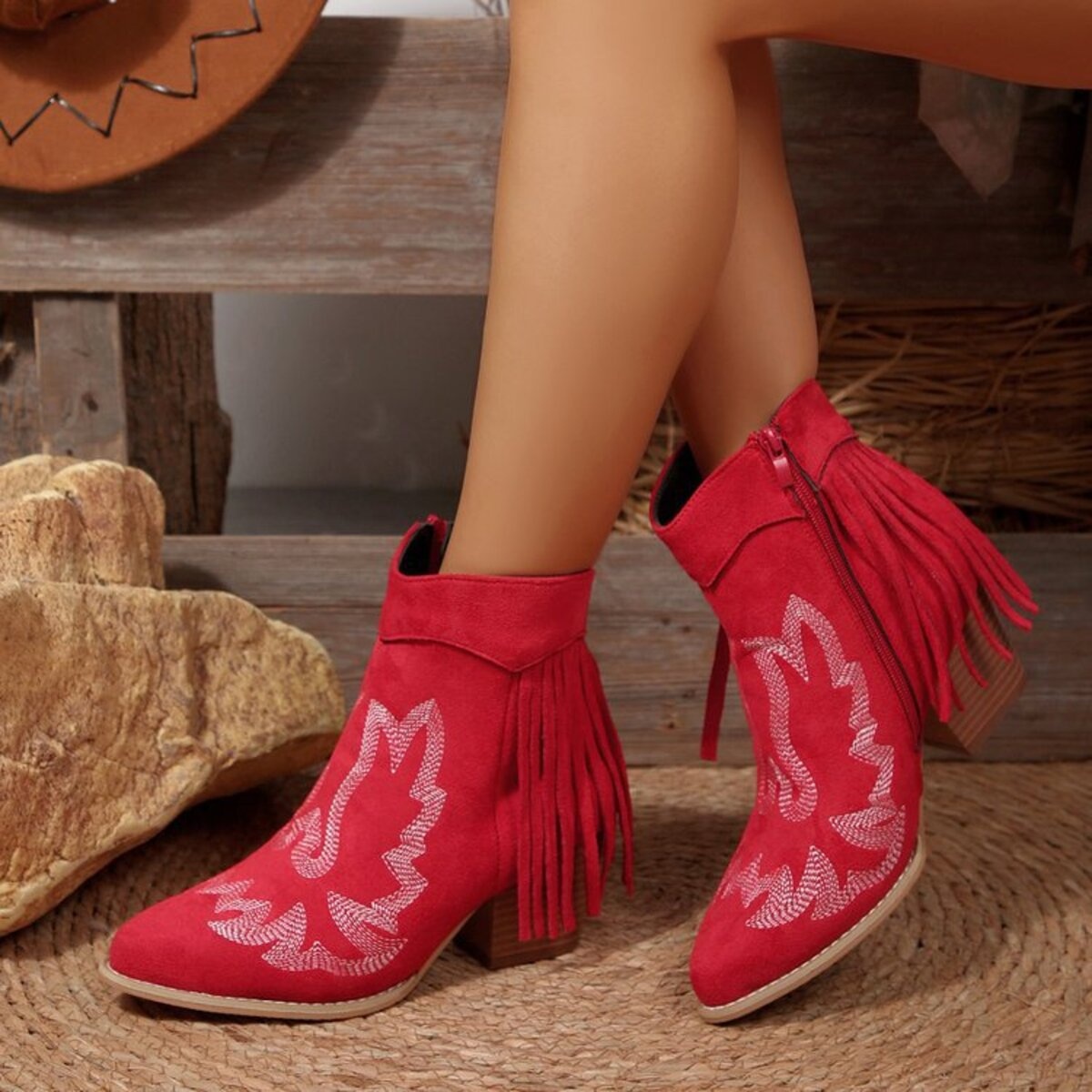 Fringe Point Toe Block Heels Boots