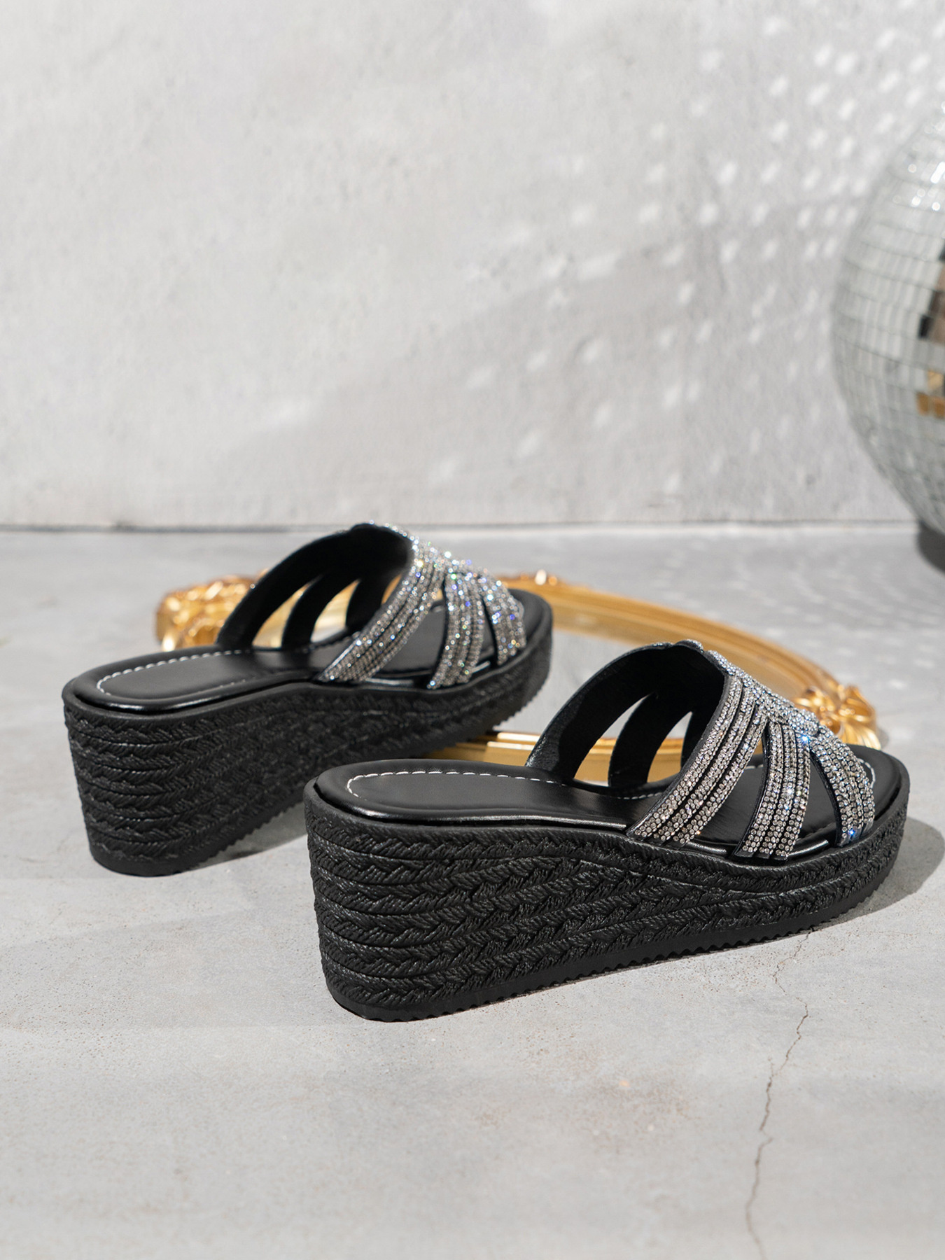 Rhinestone Embellished Open Toe Wedge Sandals
