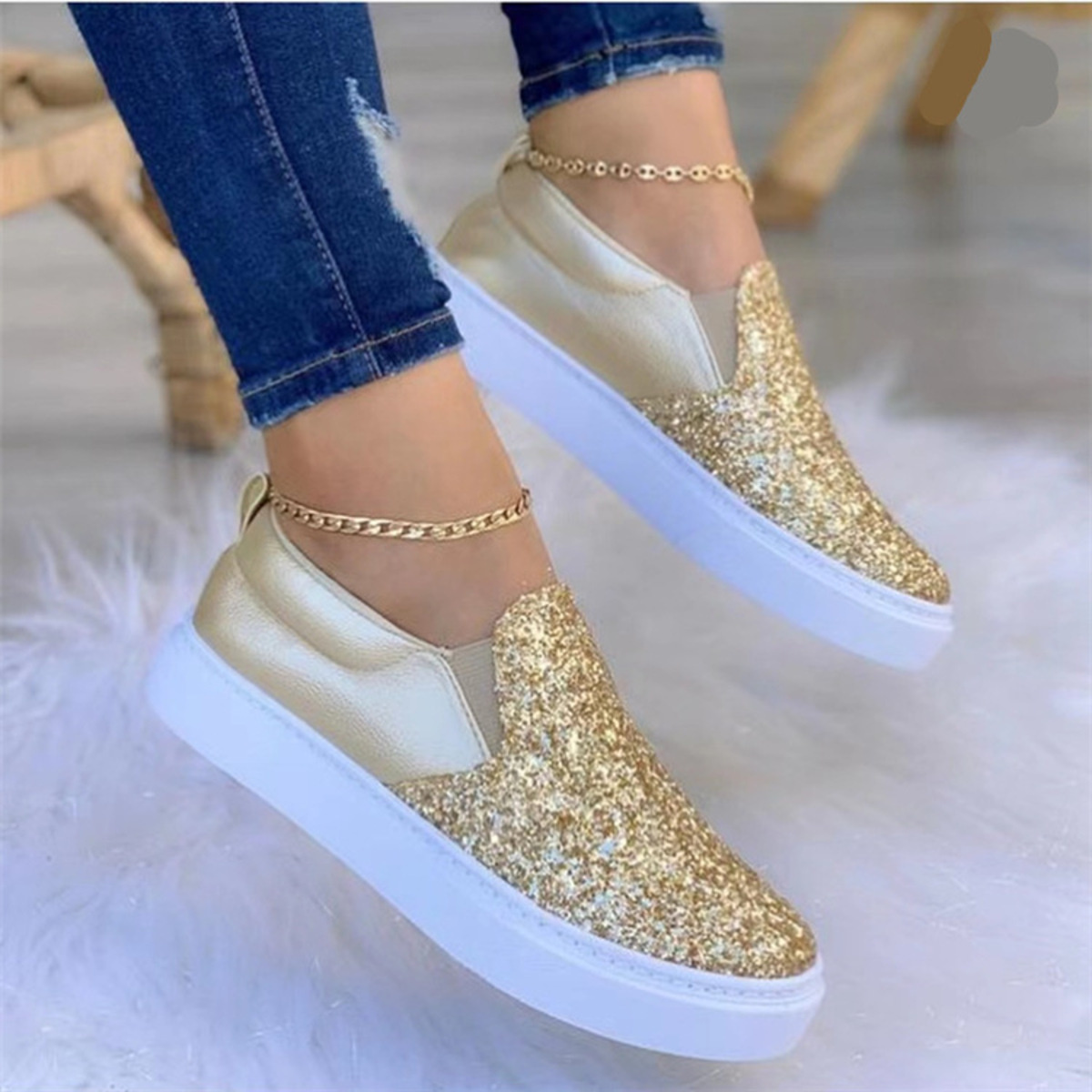 Sequin Round Toe Platform Slip-Ons