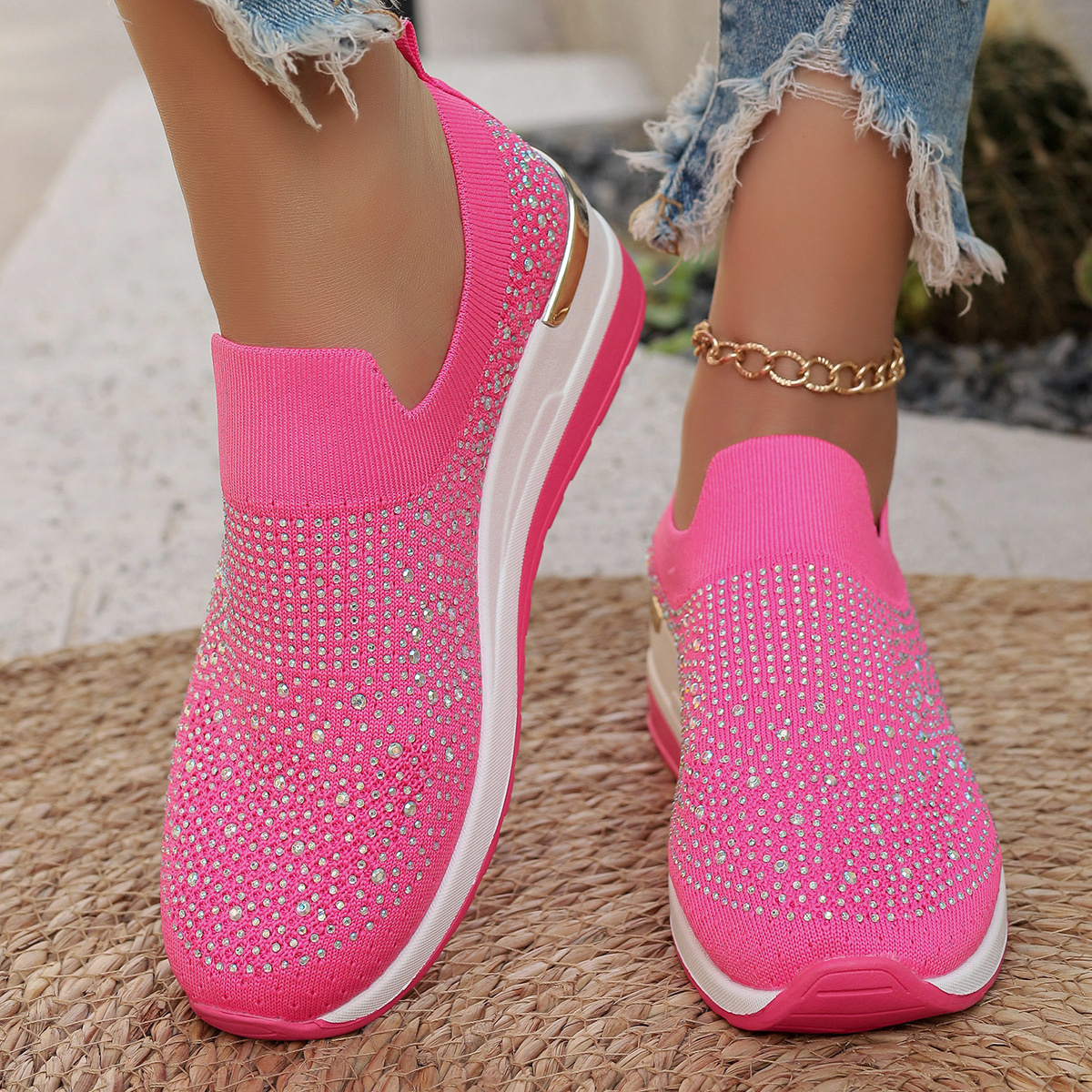 Rhinestone Round Toe Slip-Ons