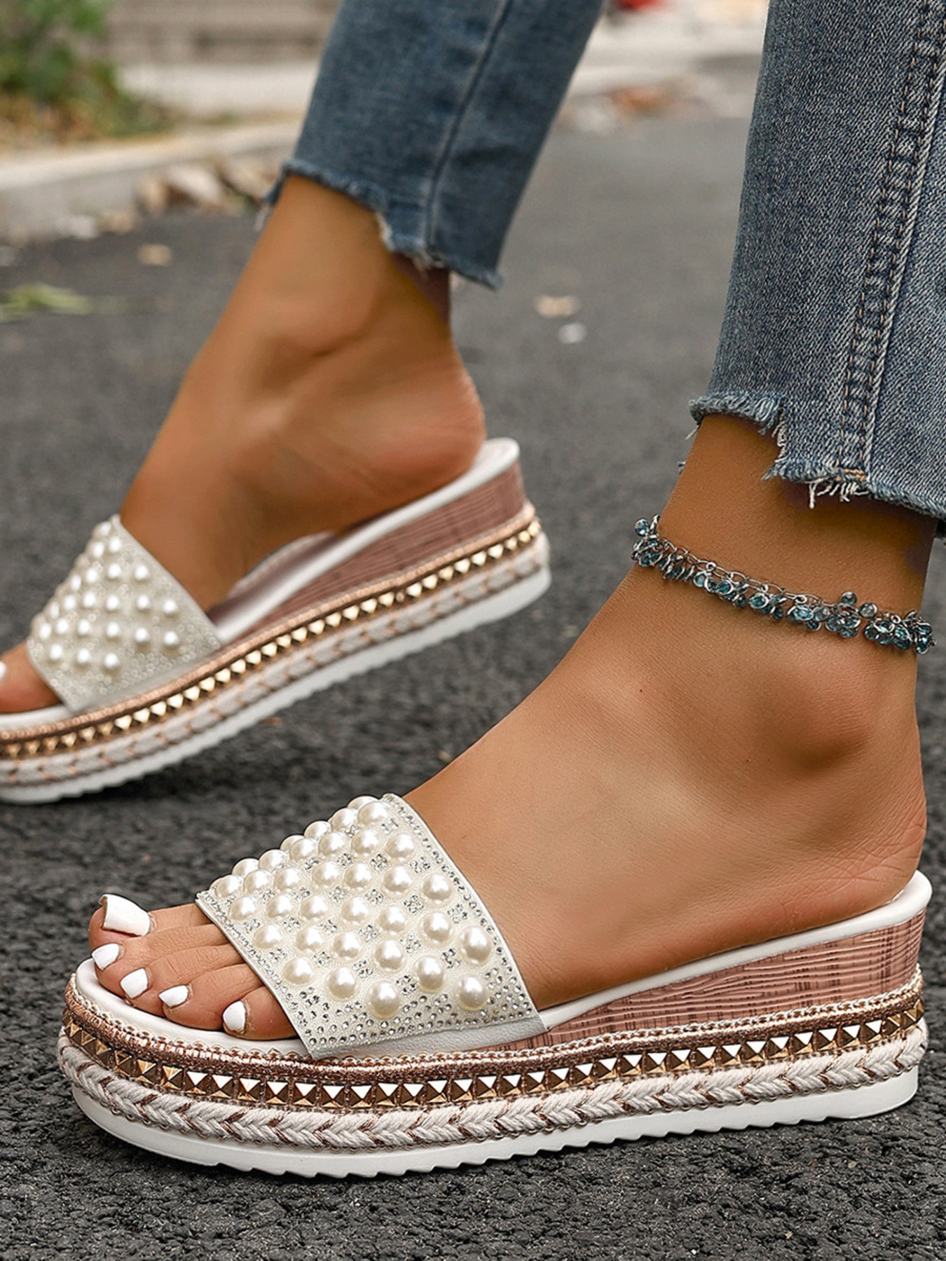 Pearl Embellished Platform Slide Sandals