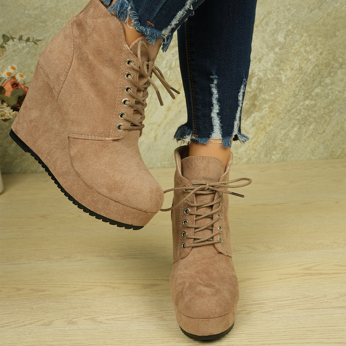 Lace-Up Wedge Ankle Boots