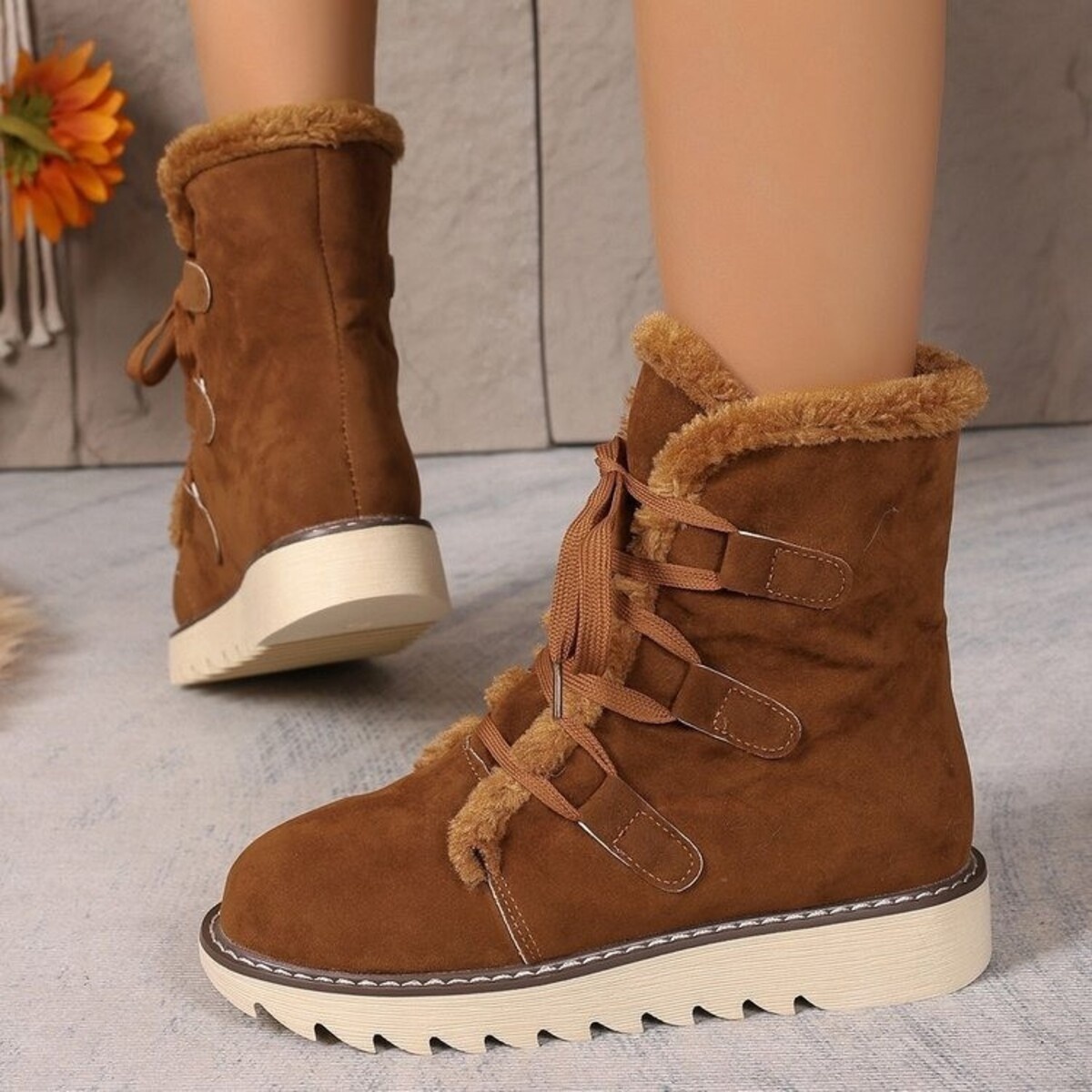 Fuzzy Trim Lace-Up Boots