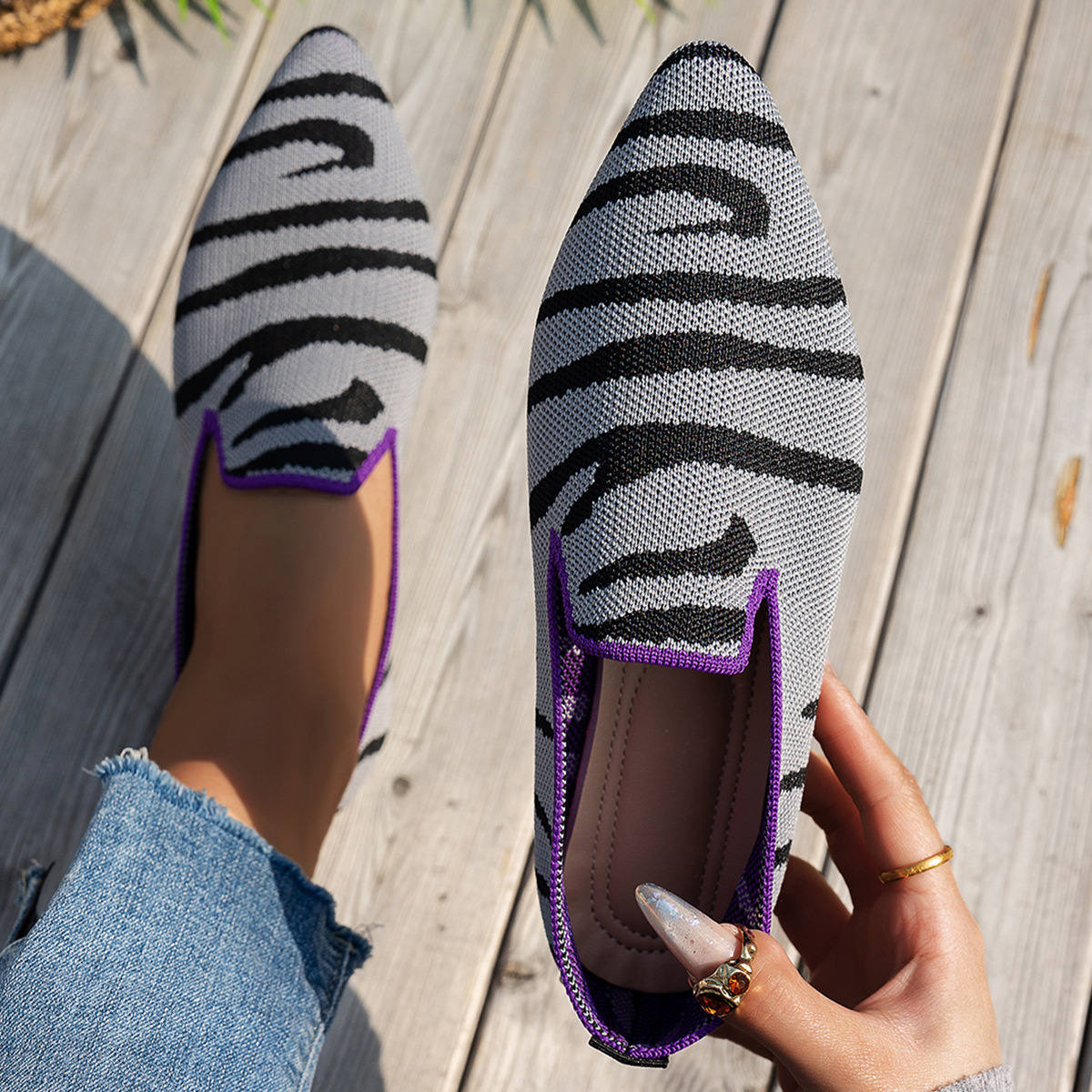 Point Toe Animal Print Knit Slip-On Loafers with Contrast Trim