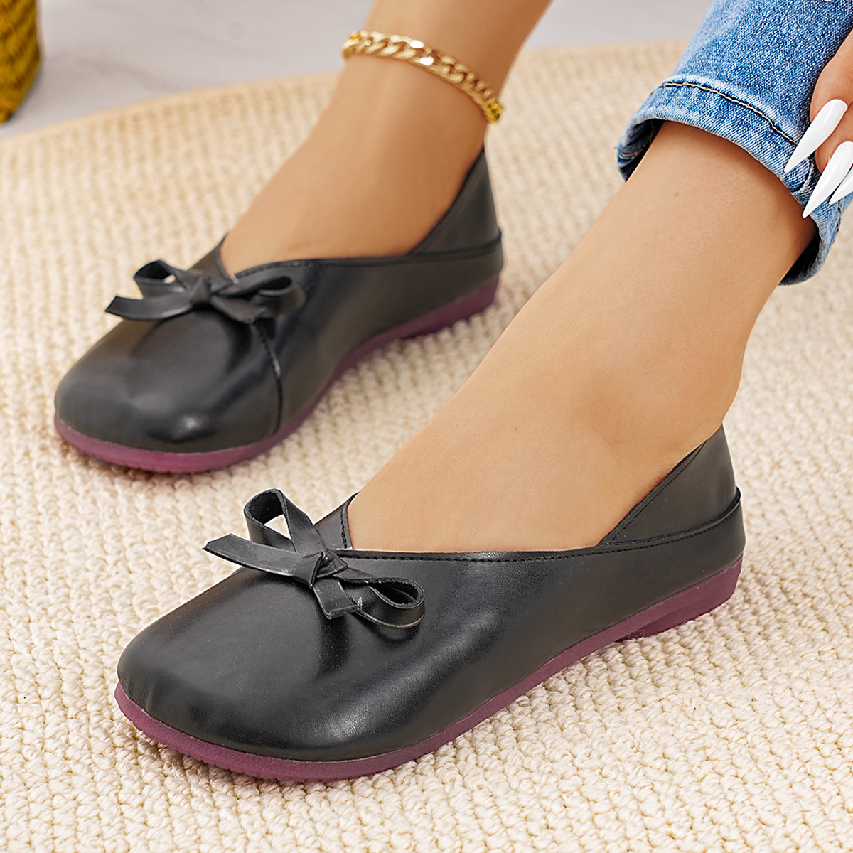 Bow Round Toe Flats Slip-Ons