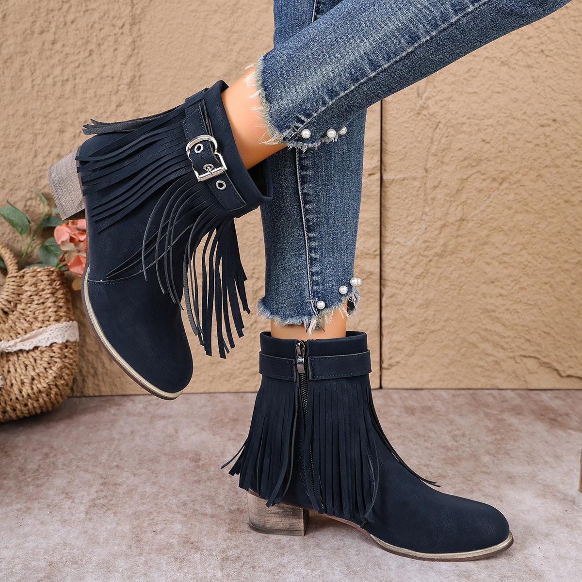 Fringe Ankle Boots with Buckle Detail