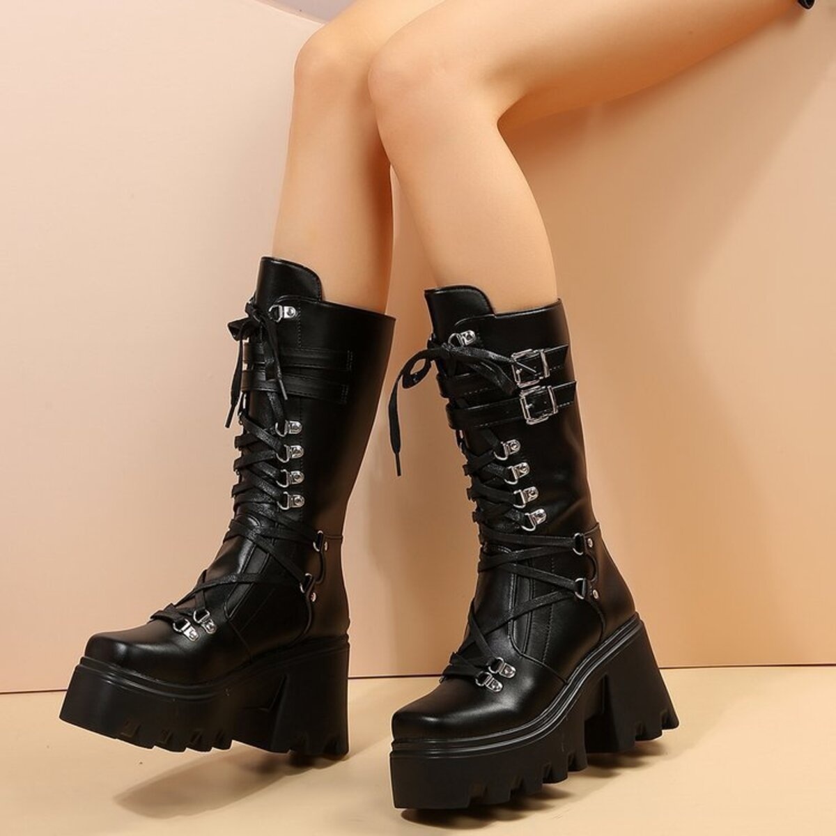 Lace Up Block Heels Boots