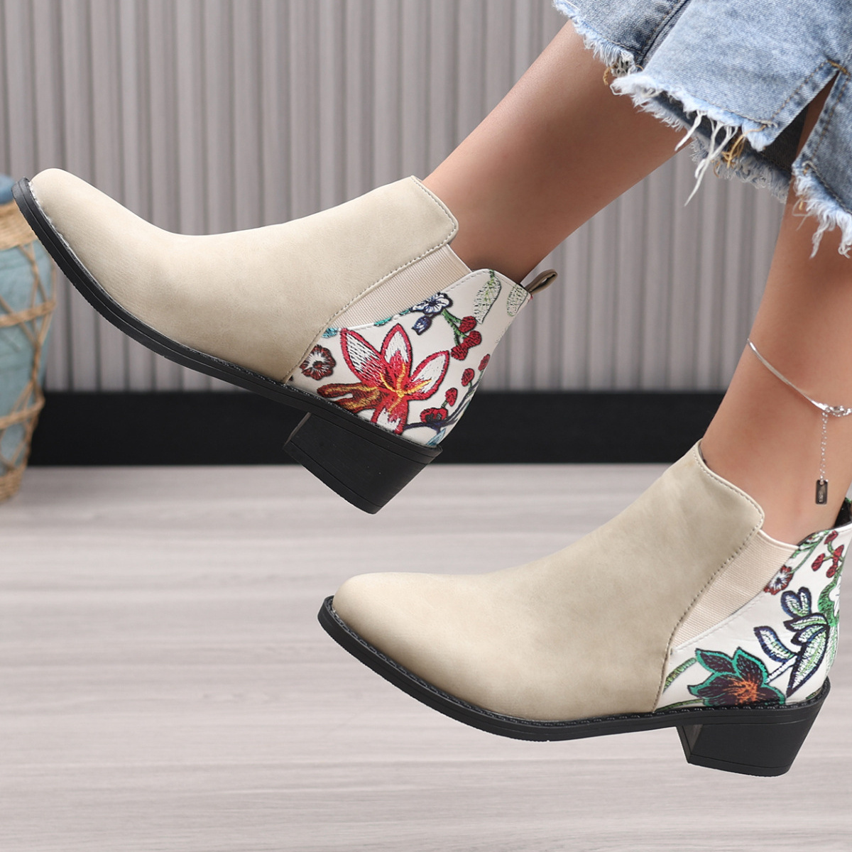 Point Toe Block Heels Ankle Boots