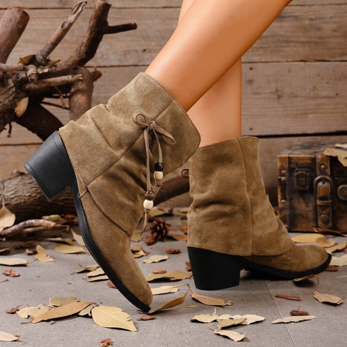 Suede Ankle Boots with Bow Accent