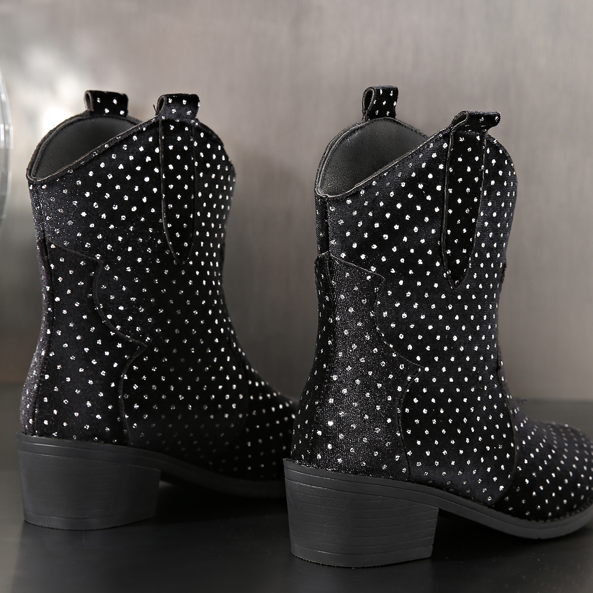 Sparkling Point Toe Block Heels Boots