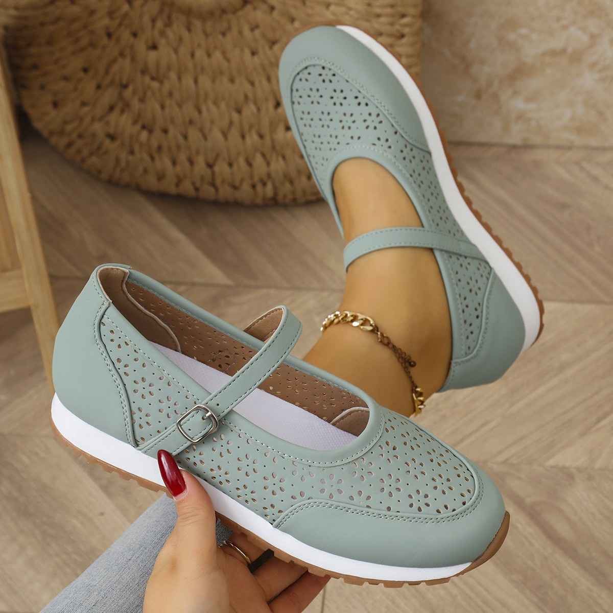 Perforated Mary Jane Slip-Ons with Athletic Sole