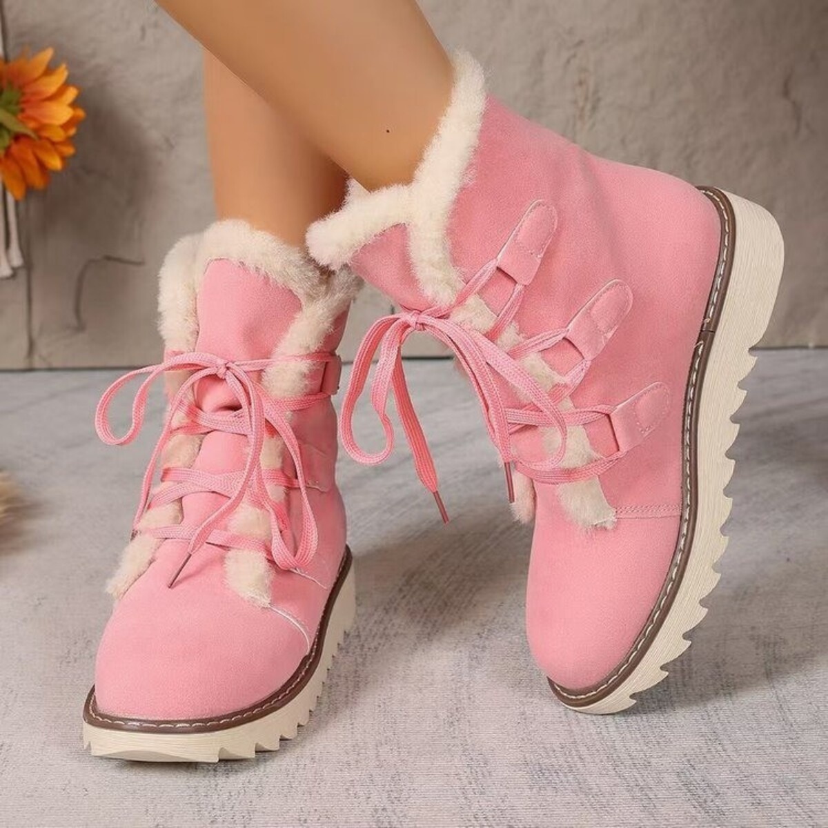 Fuzzy Trim Lace-Up Boots