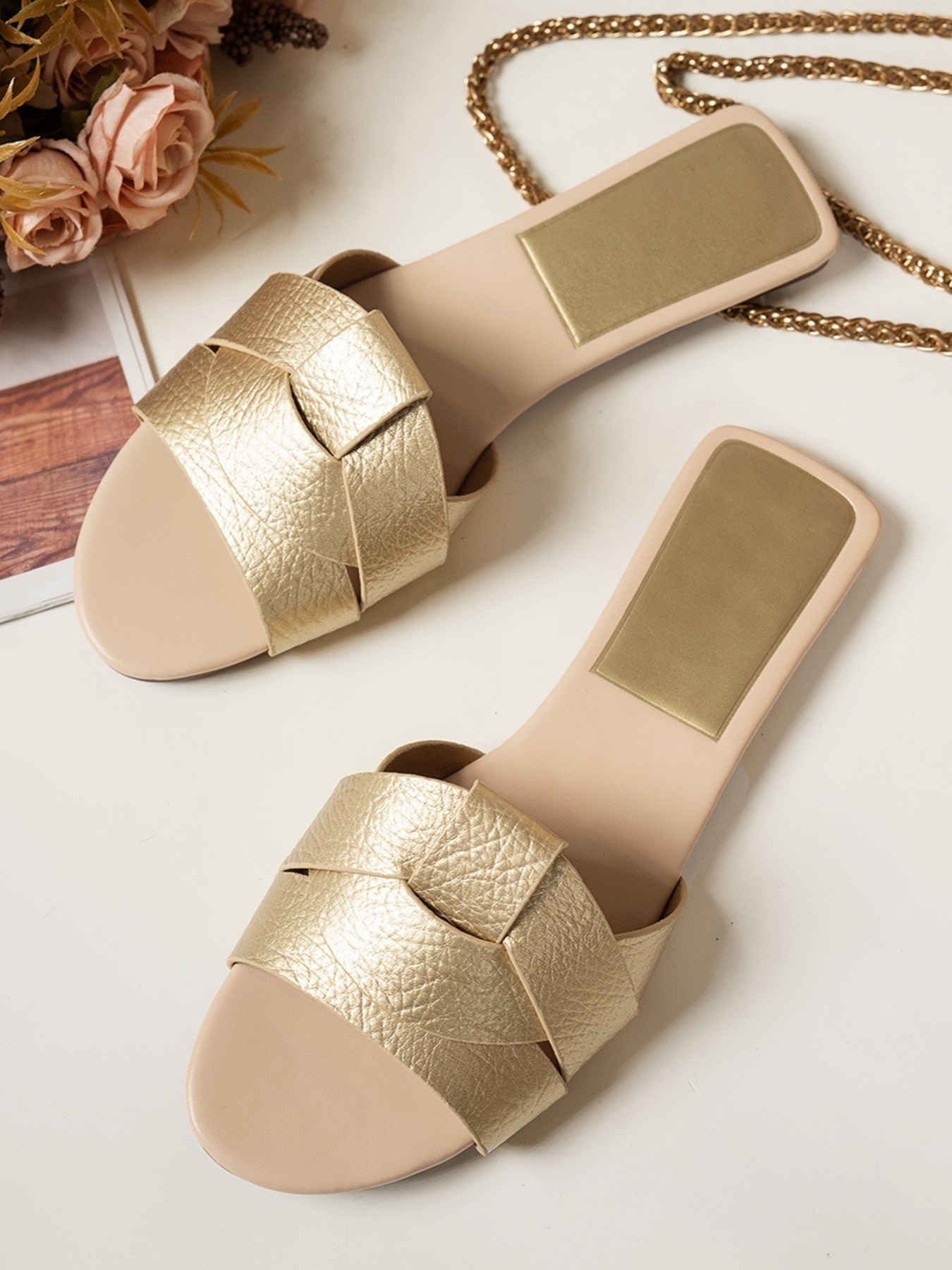 Open Toe Woven Leather Flats Sandals