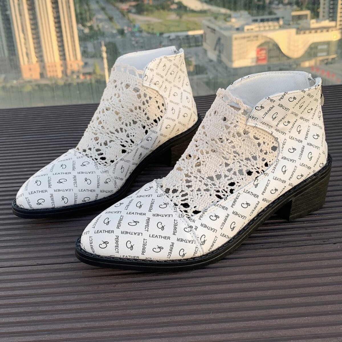 Printed Point Toe Block Heels Boots