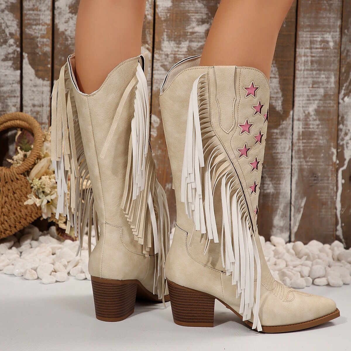 Star Fringe Block Heel Boots
