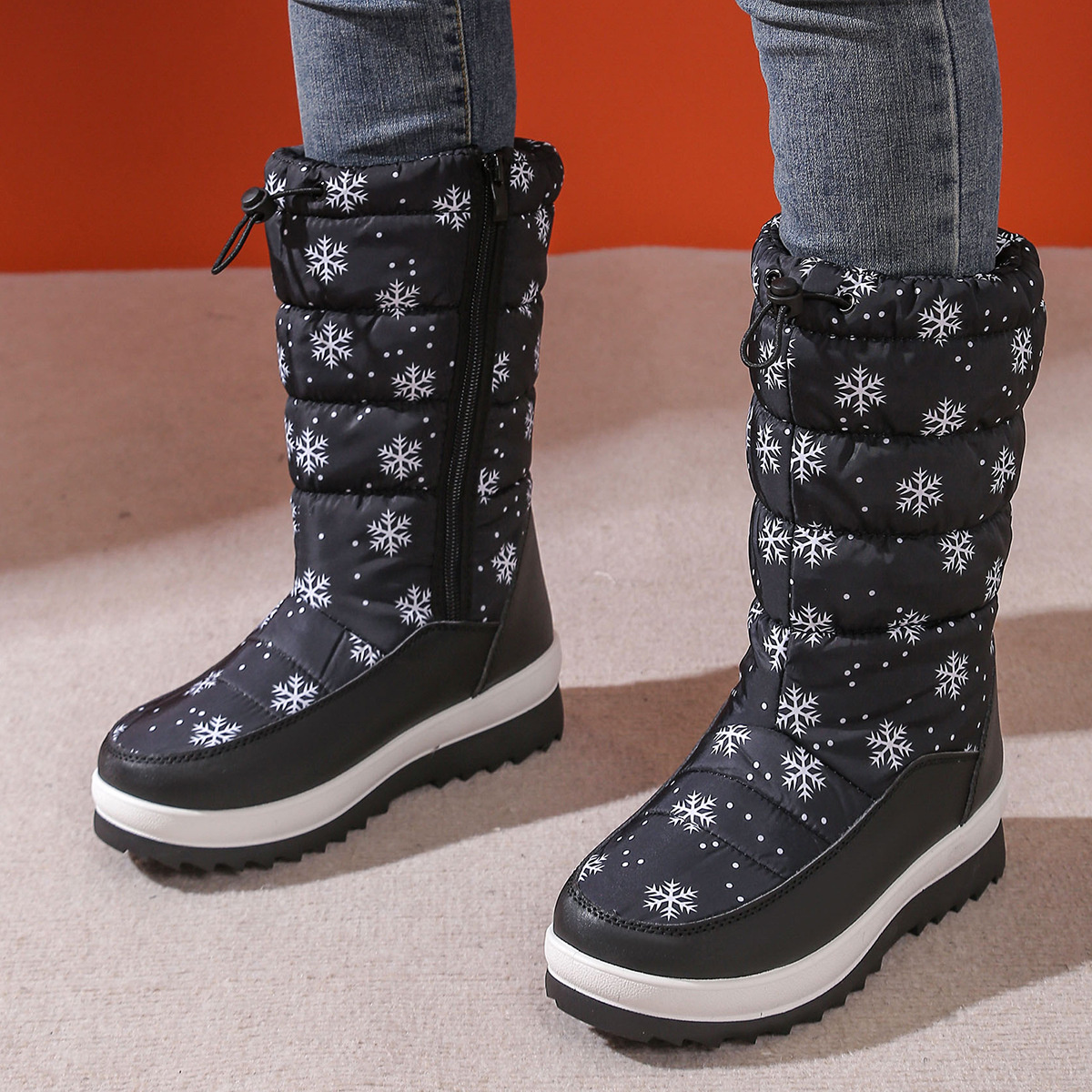 Snowflake Pattern Platform Winter Boots with Adjustable Drawstring