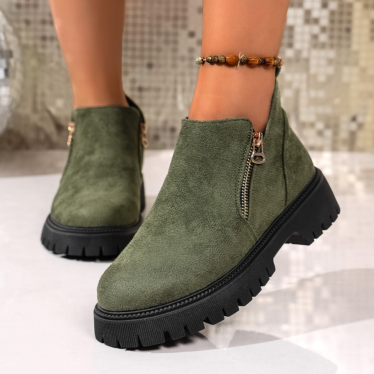 Round Toe Side Zip Ankle Boots