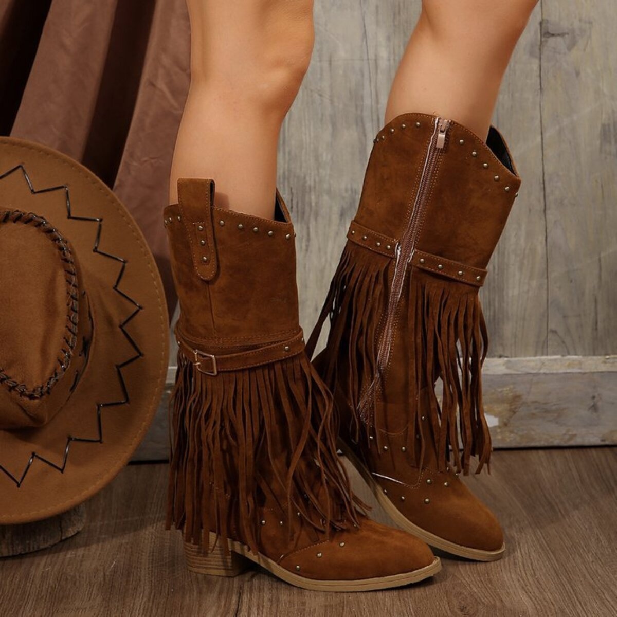 Fringe Point Toe Block Heels Boots