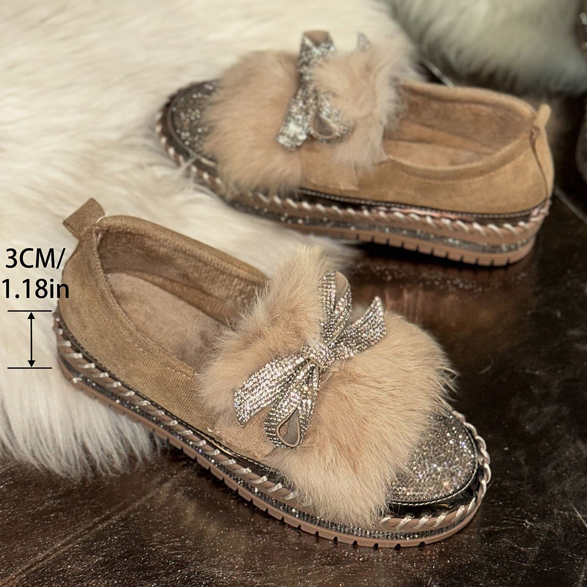 Fuzzy Bowknot Rhinestone Platform Loafers