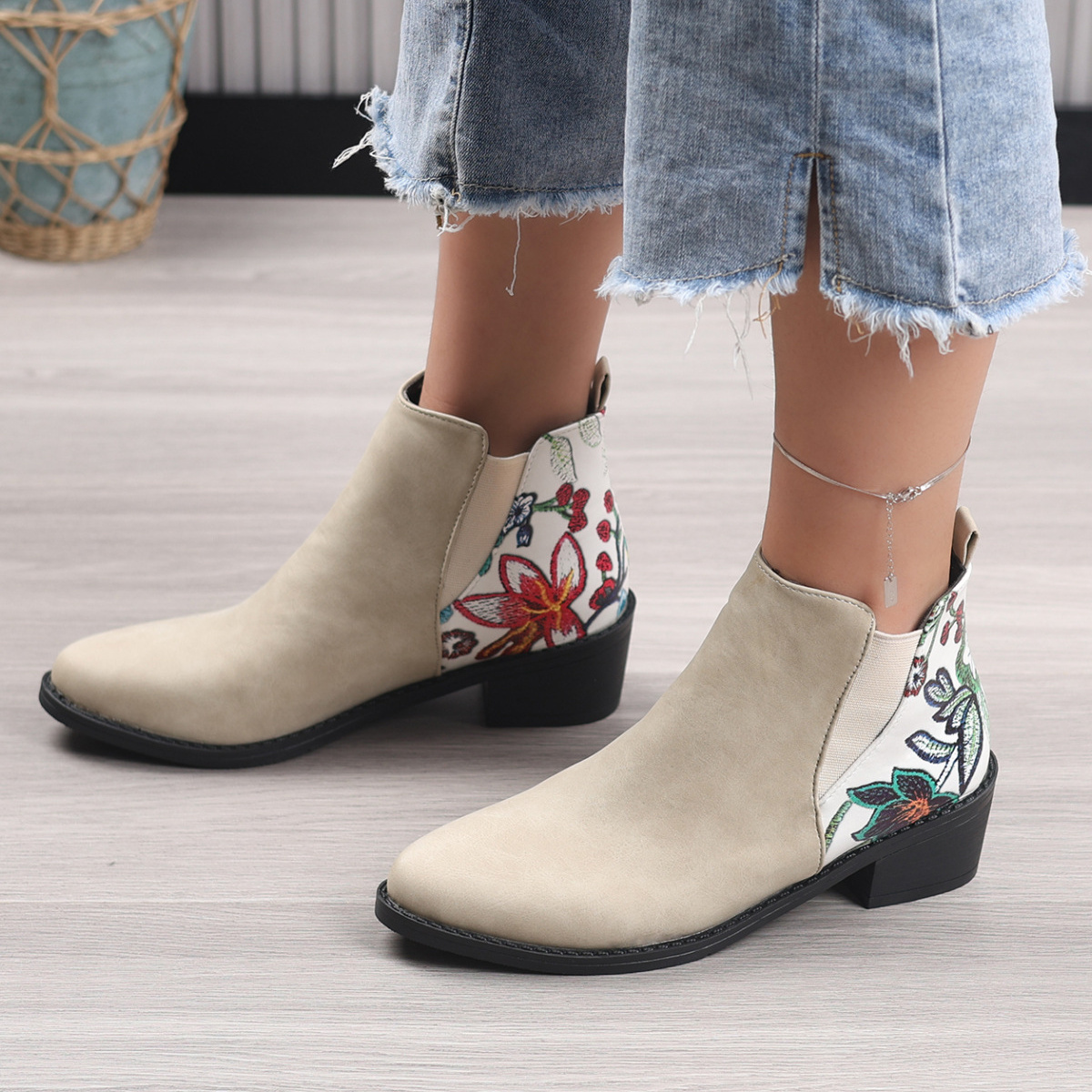 Point Toe Block Heels Ankle Boots
