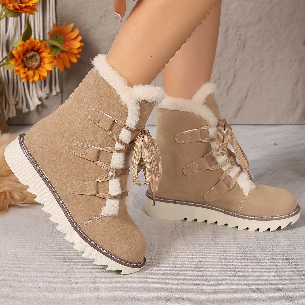Fuzzy Trim Lace-Up Boots