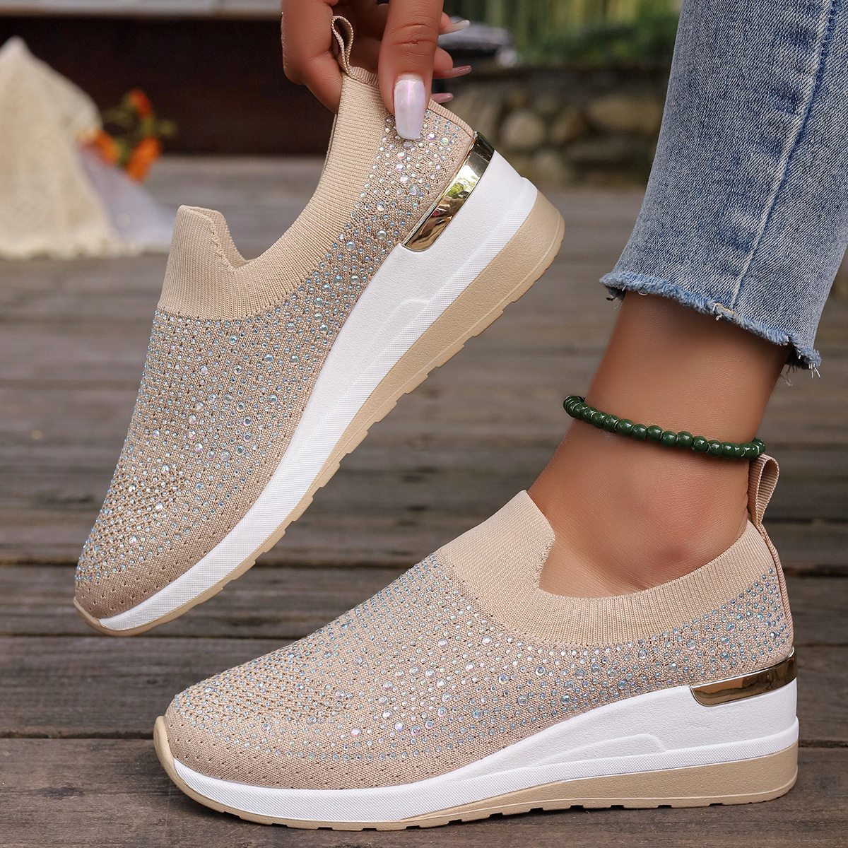 Rhinestone Round Toe Slip-Ons