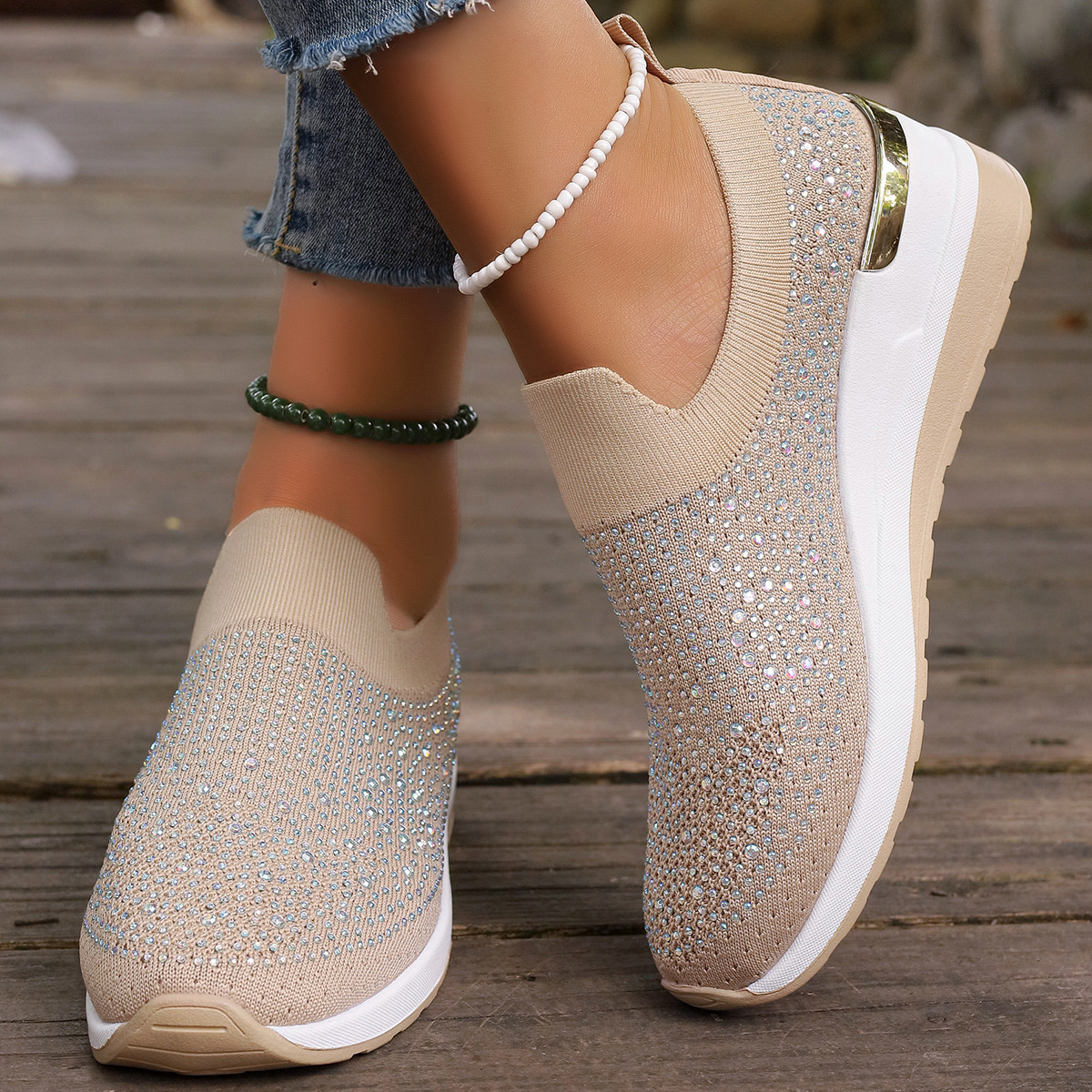 Rhinestone Round Toe Slip-Ons