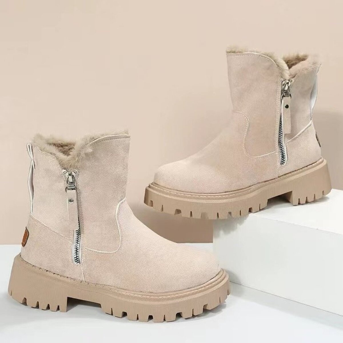 Fuzzy Lined Ankle Boots with Zipper