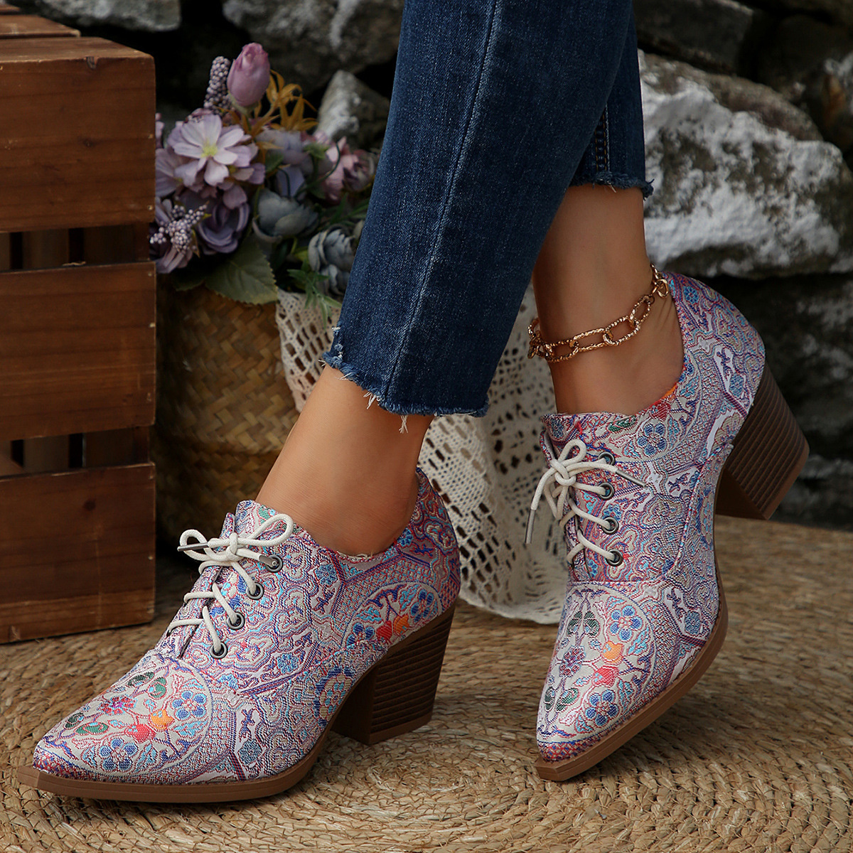 Point Toe Block Heels Ankle Boots