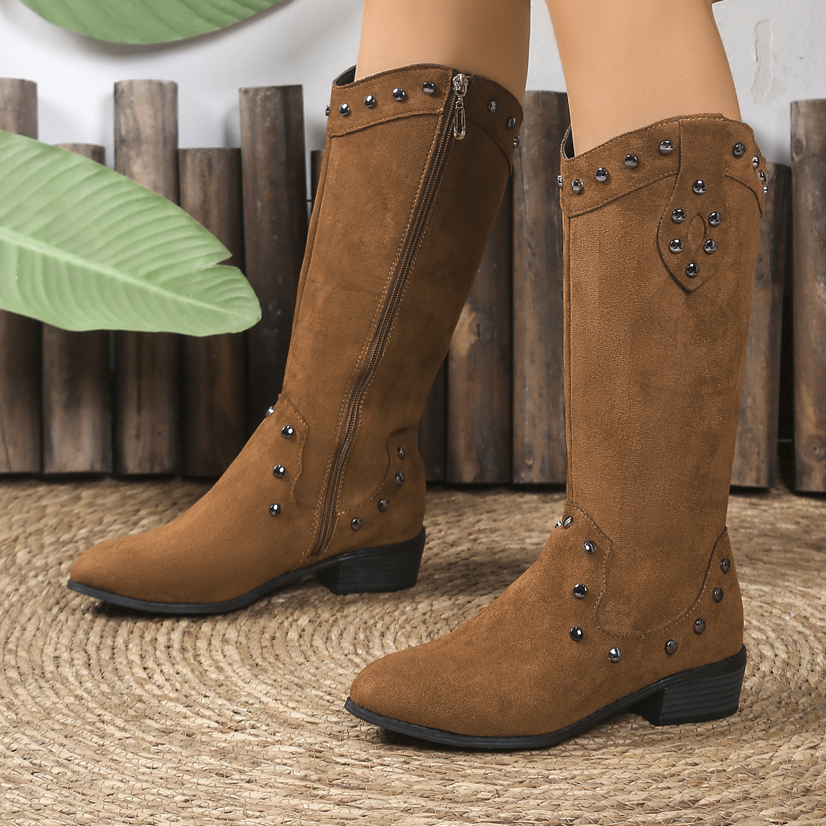 Studded Mid-Calf Boots with Side Zipper Closure